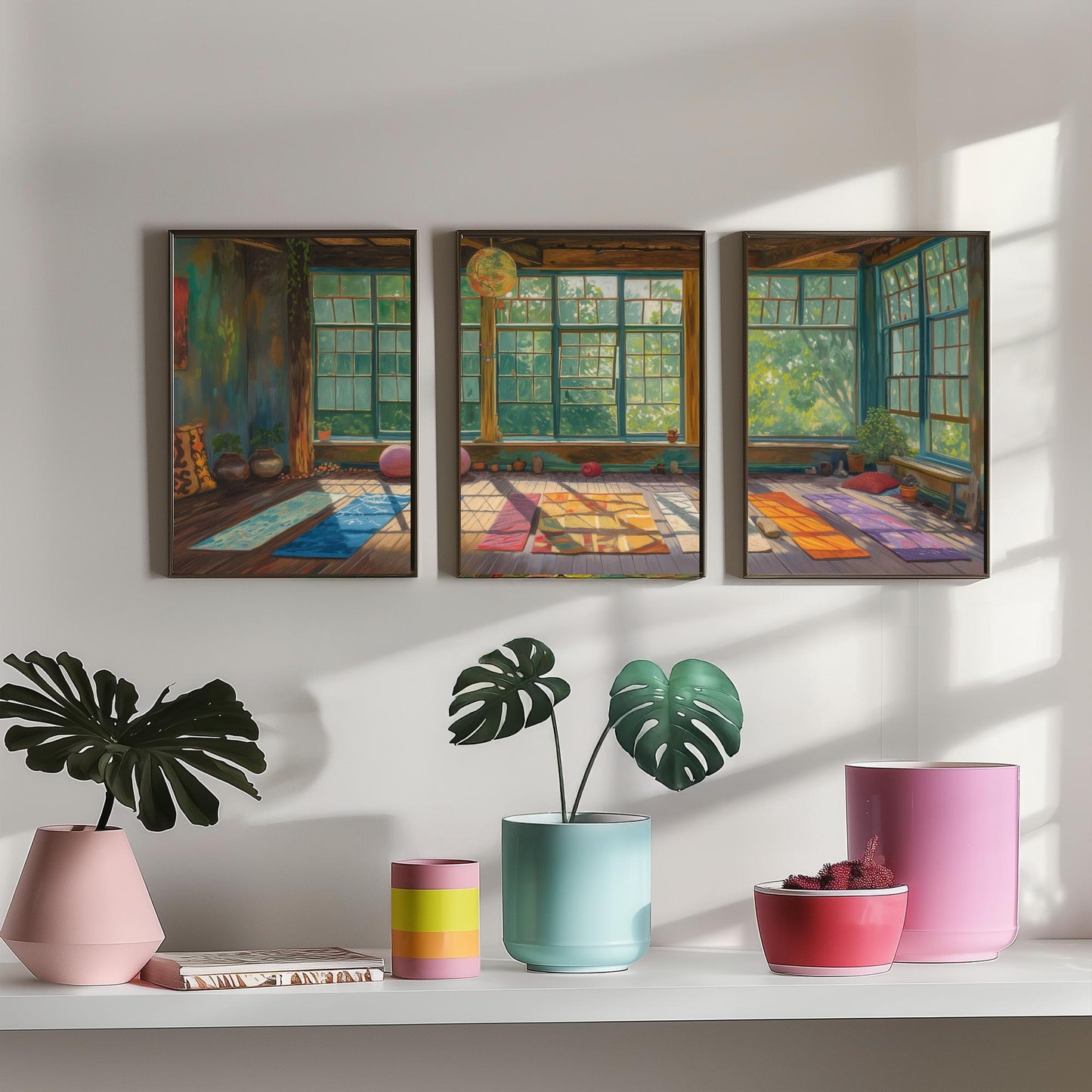 Serene Empty Yoga Studio Set of Three Art Prints - 3 Calm Meditation Posters - Painting Illustration Zen Wellness Decor Gift
