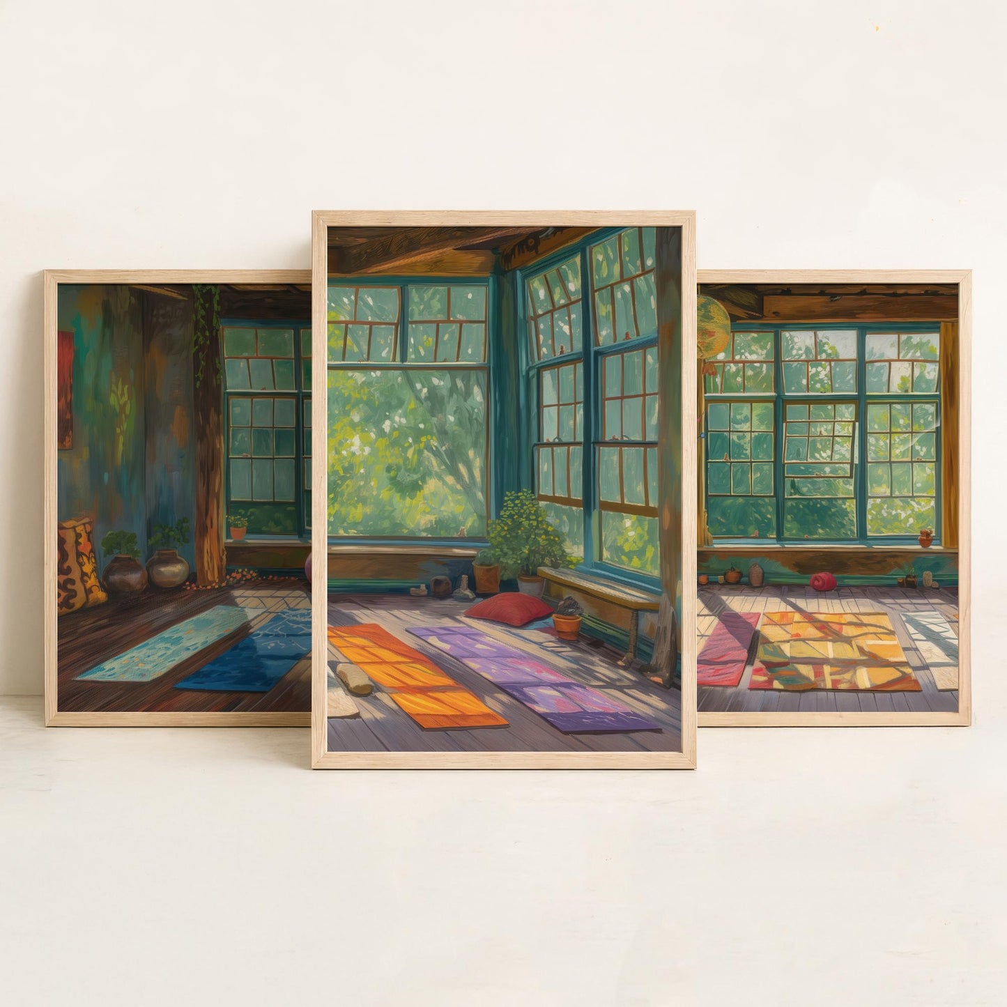 Serene Empty Yoga Studio Set of Three Art Prints - 3 Calm Meditation Posters - Painting Illustration Zen Wellness Decor Gift
