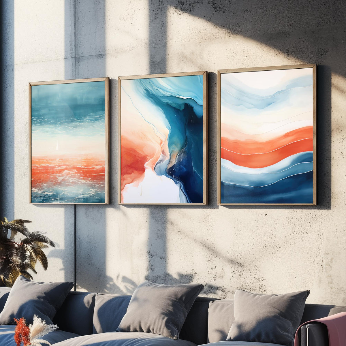 Serenity Abstract Set of Three Art Prints - Blue and Coral Waves - Fluid Watercolour Painting Poster