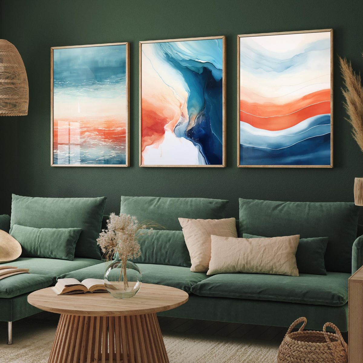 Serenity Abstract Set of Three Art Prints - Blue and Coral Waves - Fluid Watercolour Painting Poster