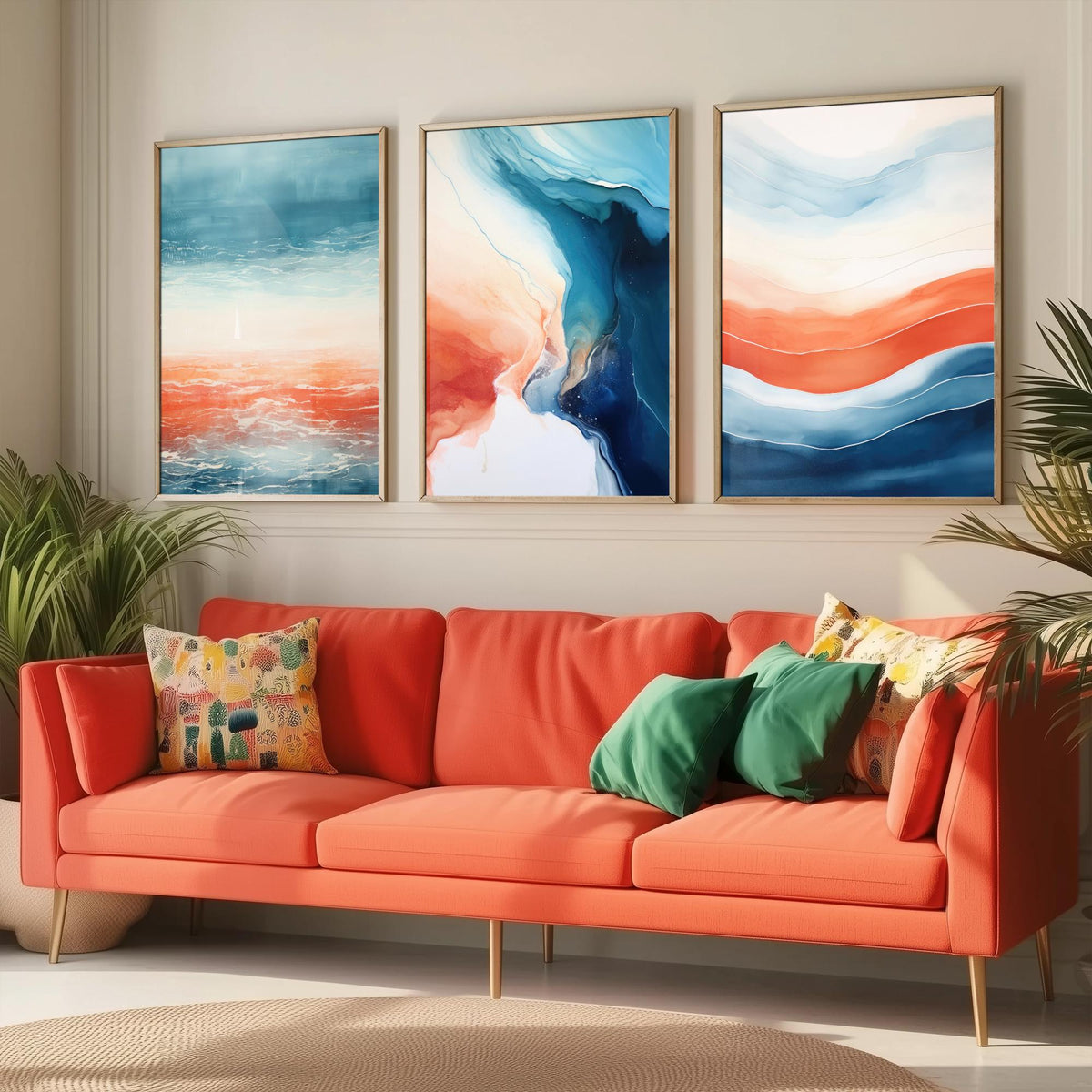 Serenity Abstract Set of Three Art Prints - Blue and Coral Waves - Fluid Watercolour Painting Poster
