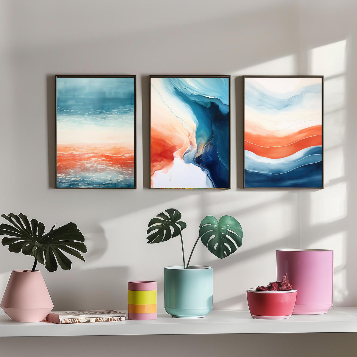 Serenity Abstract Set of Three Art Prints - Blue and Coral Waves - Fluid Watercolour Painting Poster