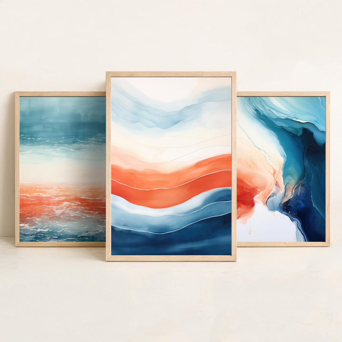 Serenity Abstract Set of Three Art Prints - Blue and Coral Waves - Fluid Watercolour Painting Poster