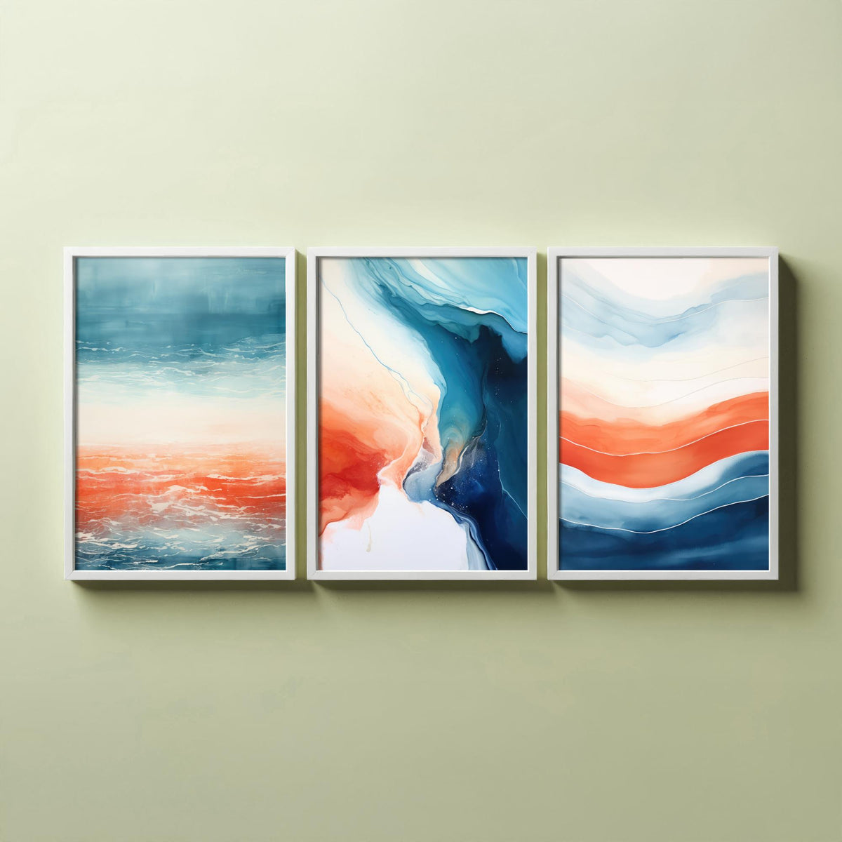 Serenity Abstract Set of Three Art Prints - Blue and Coral Waves - Fluid Watercolour Painting Poster