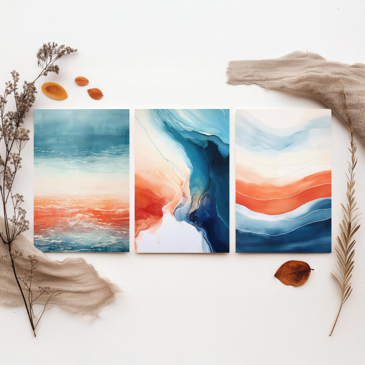 Serenity Abstract Set of Three Art Prints - Blue and Coral Waves - Fluid Watercolour Painting Poster