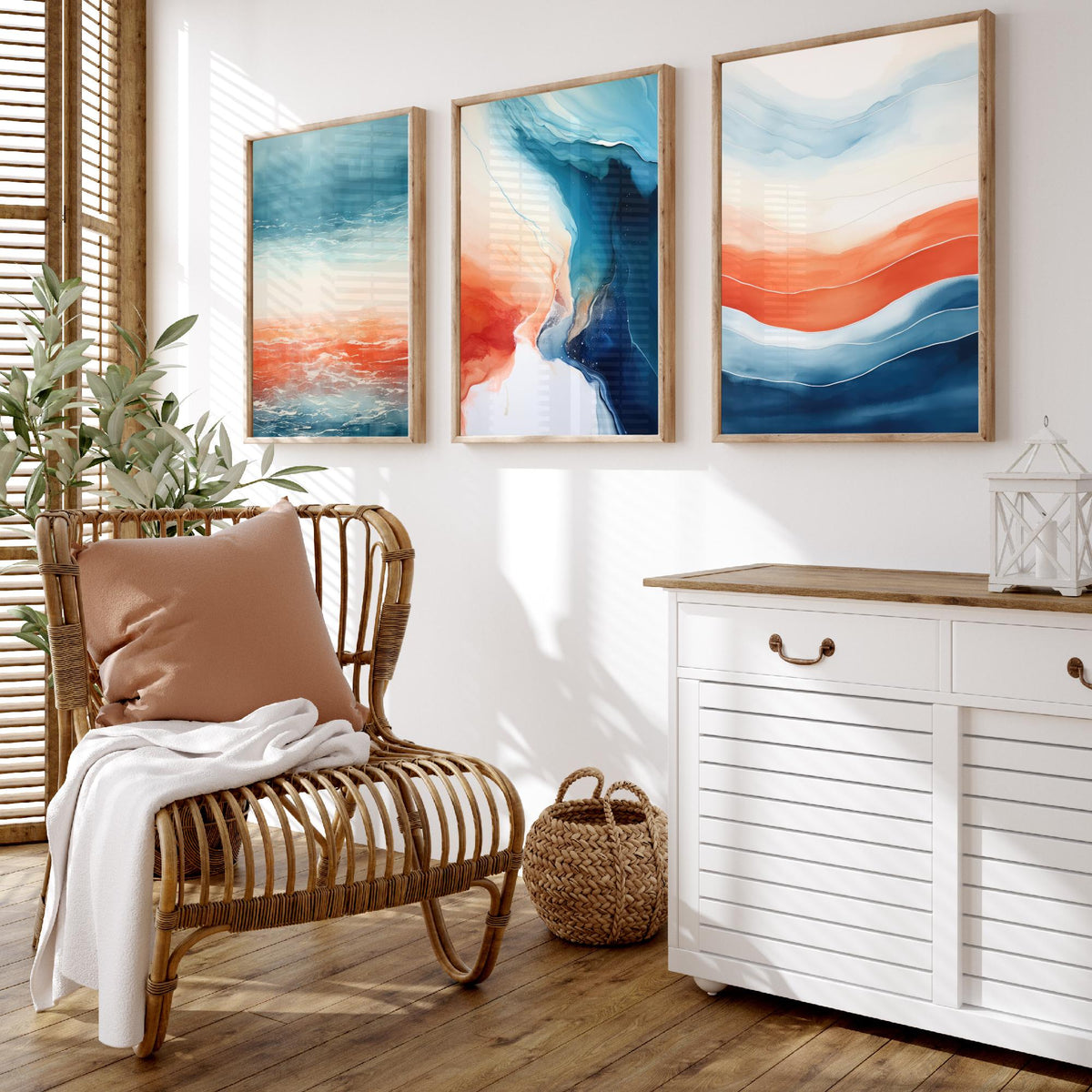 Serenity Abstract Set of Three Art Prints - Blue and Coral Waves - Fluid Watercolour Painting Poster