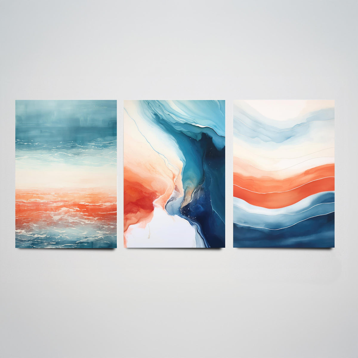 Serenity Abstract Set of Three Art Prints - Blue and Coral Waves - Fluid Watercolour Painting Poster