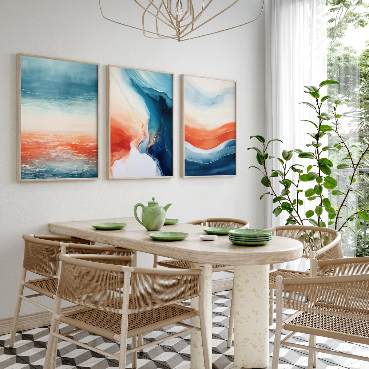 Serenity Abstract Set of Three Art Prints - Blue and Coral Waves - Fluid Watercolour Painting Poster