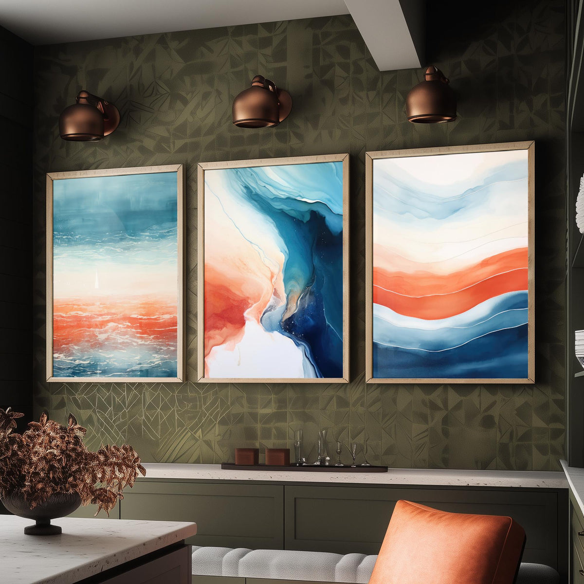 Serenity Abstract Set of Three Art Prints - Blue and Coral Waves - Fluid Watercolour Painting Poster
