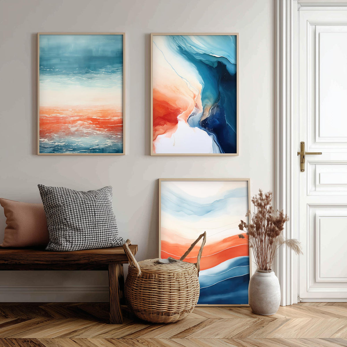 Serenity Abstract Set of Three Art Prints - Blue and Coral Waves - Fluid Watercolour Painting Poster