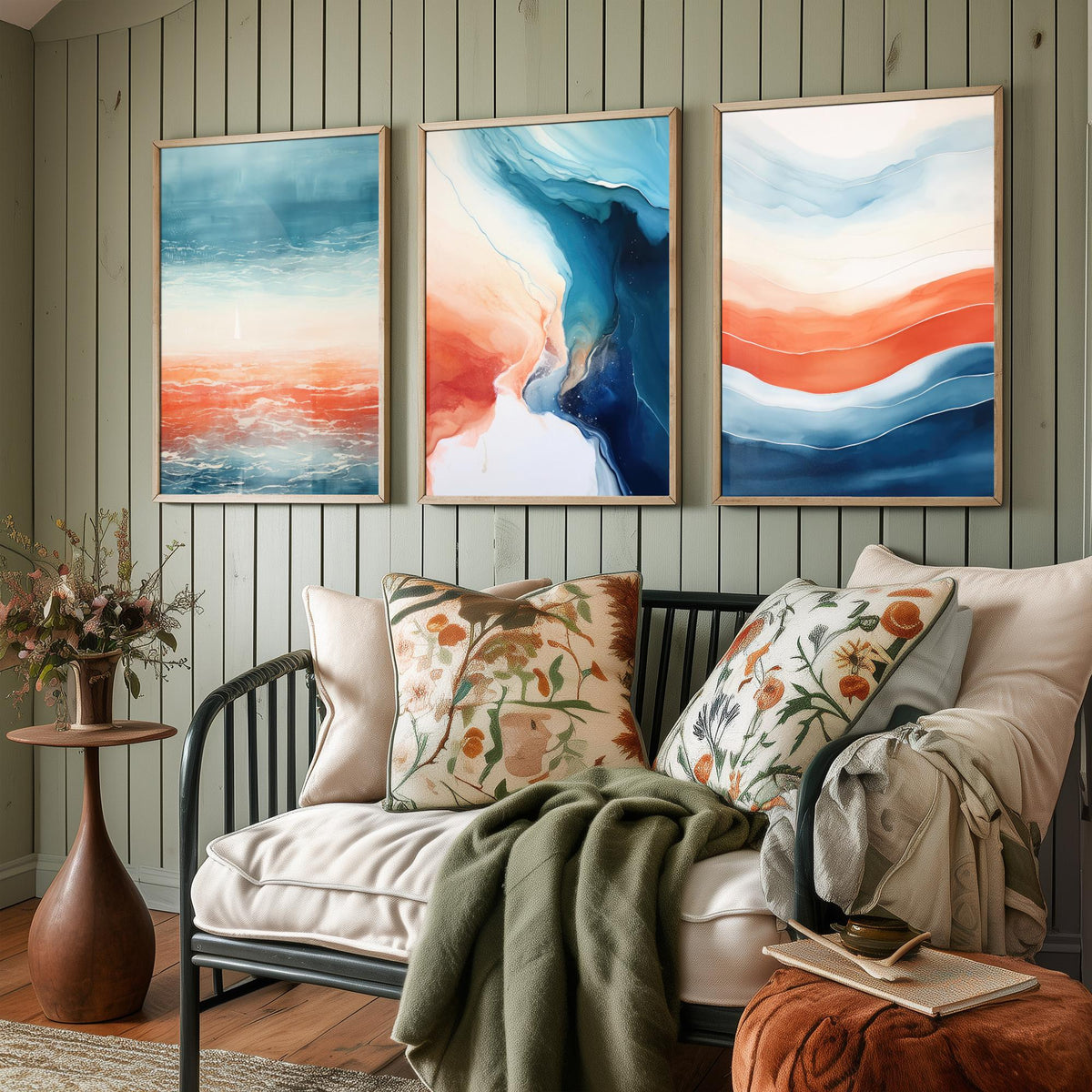 Serenity Abstract Set of Three Art Prints - Blue and Coral Waves - Fluid Watercolour Painting Poster