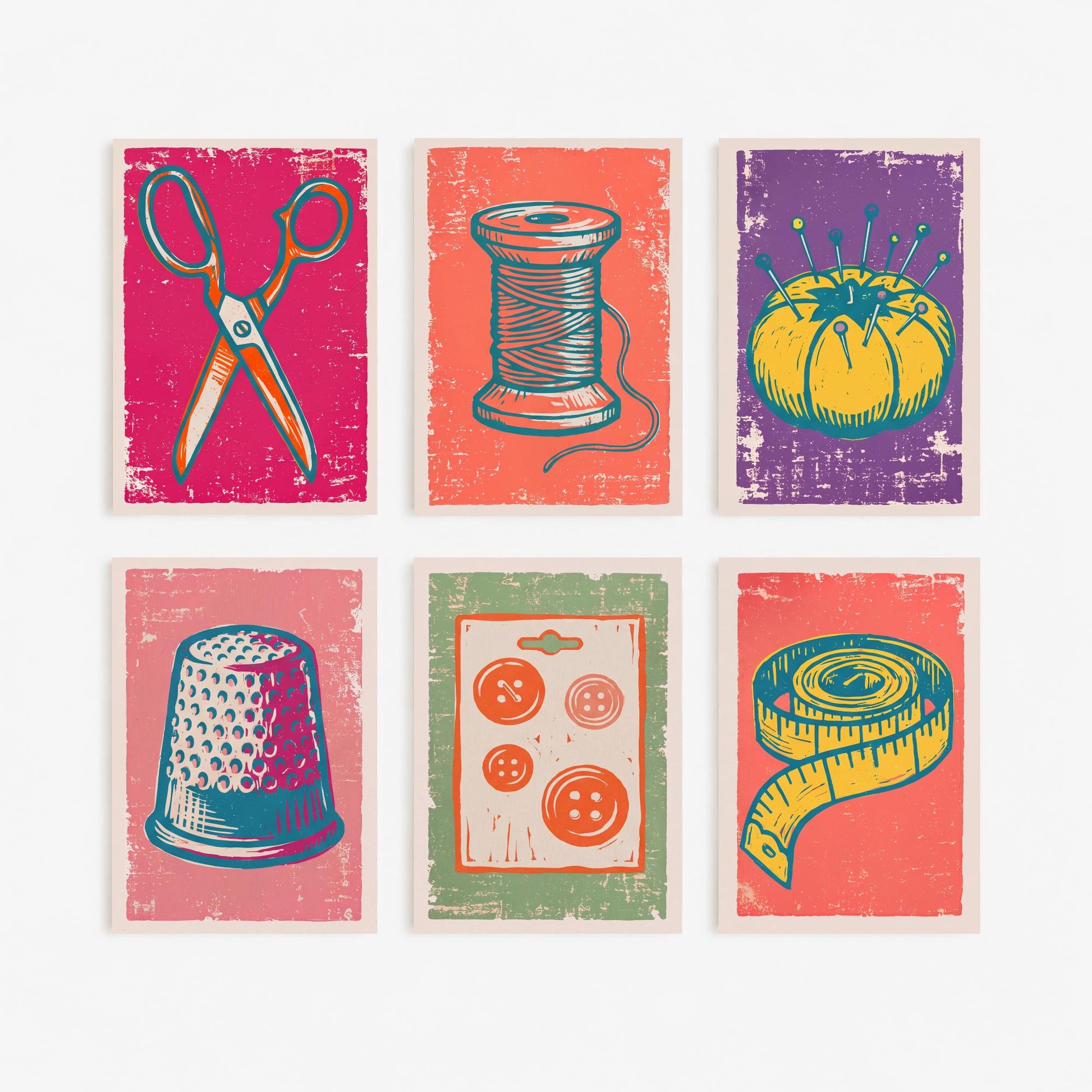 Set of Six Sewing Linocut Art Prints - 6 Haberdashery Illustrations - Scissors, Cotton Reel, Pin Cushion, Buttons, Tape Measure Posters