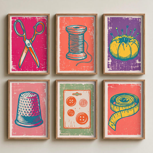 Set of Six Sewing Linocut Art Prints - 6 Haberdashery Illustrations - Scissors, Cotton Reel, Pin Cushion, Buttons, Tape Measure Posters