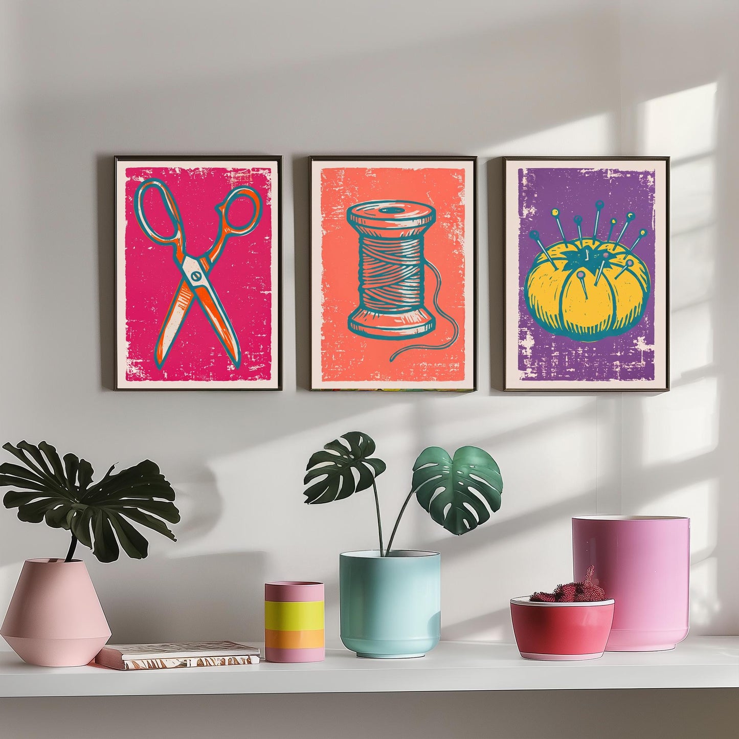 Scissors, Cotton Reel and Pin Cushion - Set of Three Linocut Illustrations - Sewing Art Prints - Craft Room Posters V1
