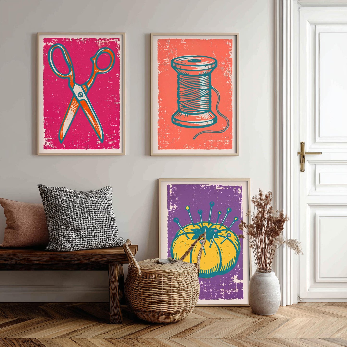 Scissors, Cotton Reel and Pin Cushion - Set of Three Linocut Illustrations - Sewing Art Prints - Craft Room Posters V1