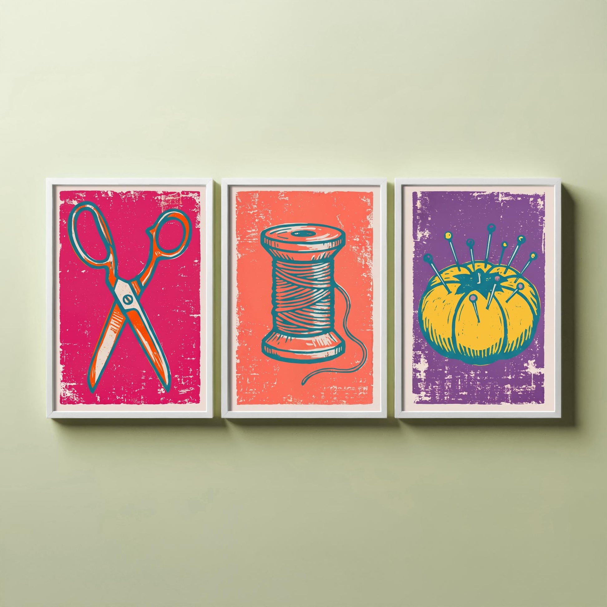 Scissors, Cotton Reel and Pin Cushion - Set of Three Linocut Illustrations - Sewing Art Prints - Craft Room Posters V1