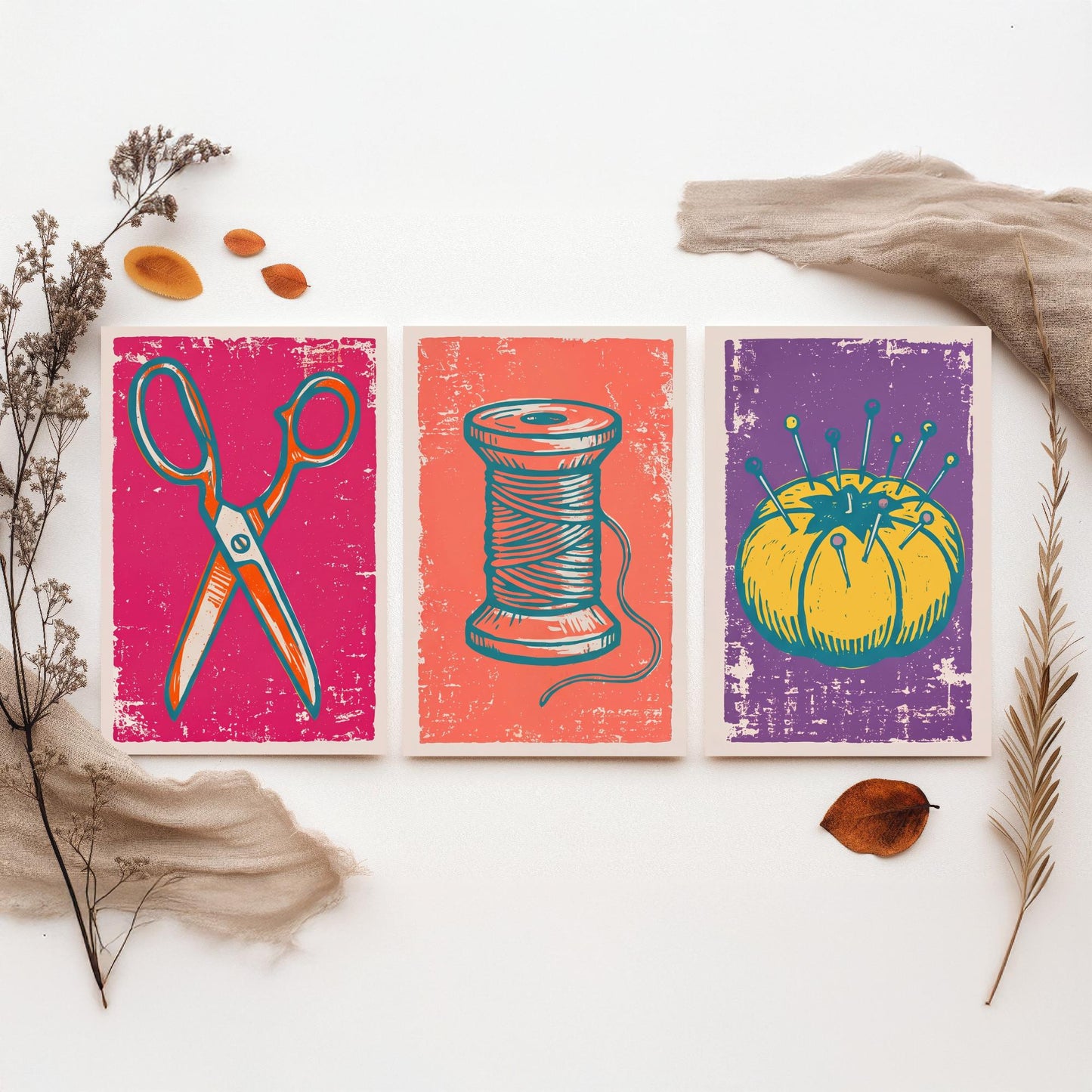 Scissors, Cotton Reel and Pin Cushion - Set of Three Linocut Illustrations - Sewing Art Prints - Craft Room Posters V1