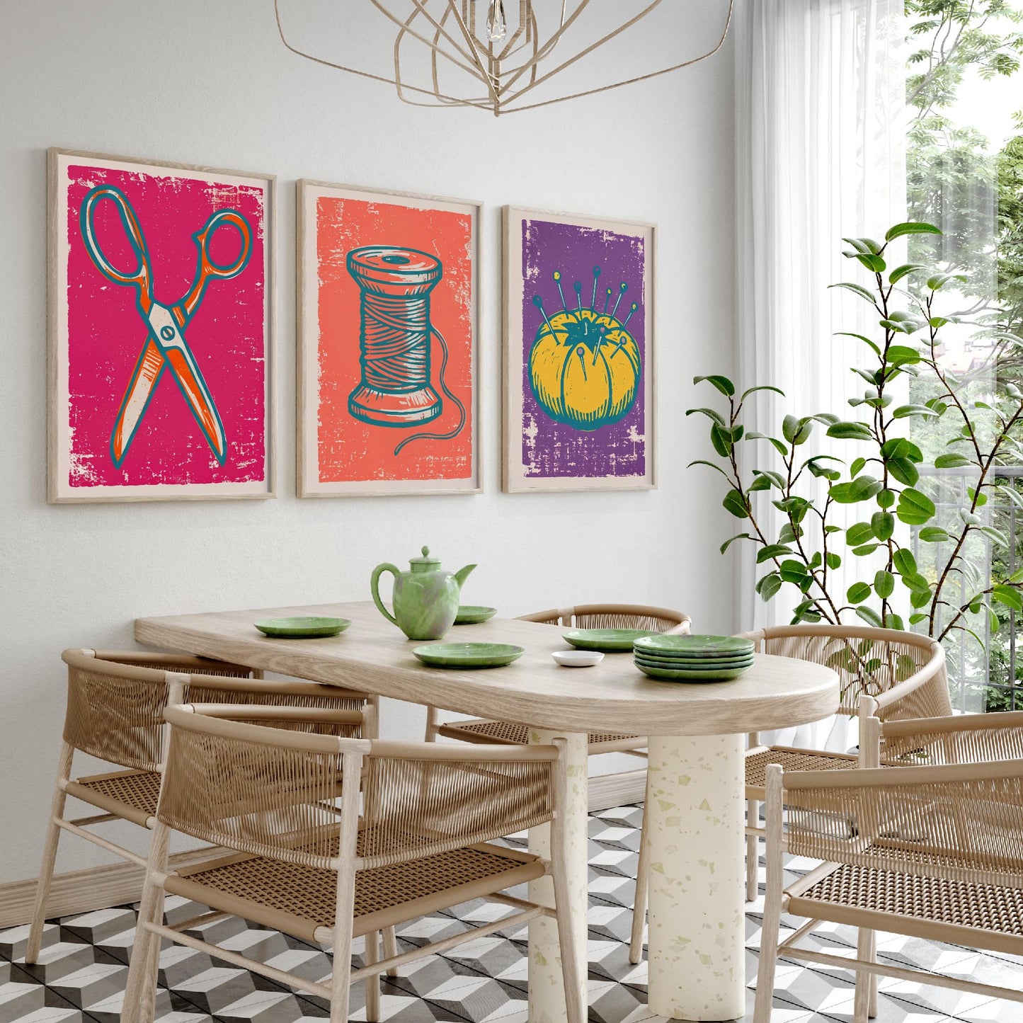 Scissors, Cotton Reel and Pin Cushion - Set of Three Linocut Illustrations - Sewing Art Prints - Craft Room Posters V1