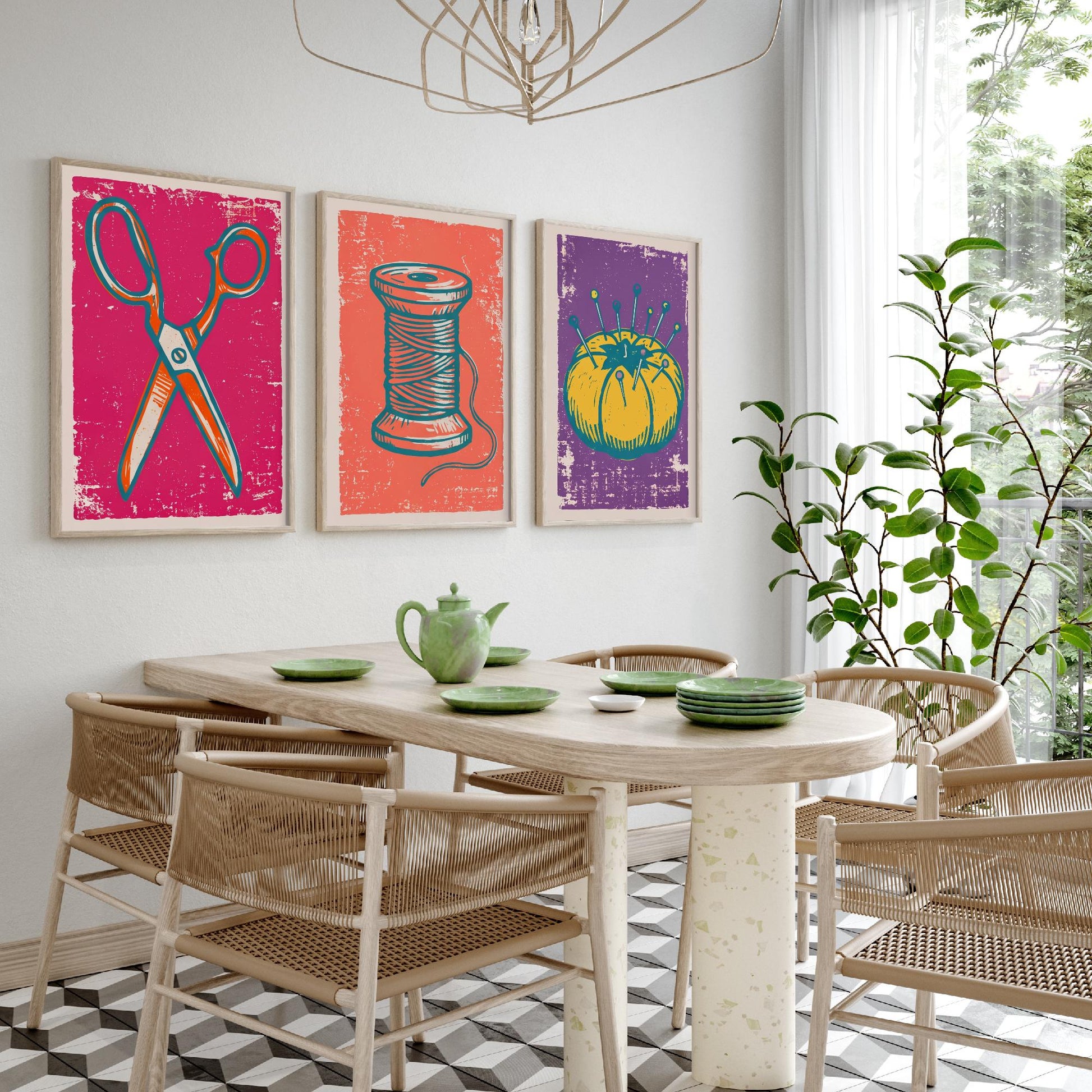 Scissors, Cotton Reel and Pin Cushion - Set of Three Linocut Illustrations - Sewing Art Prints - Craft Room Posters V1