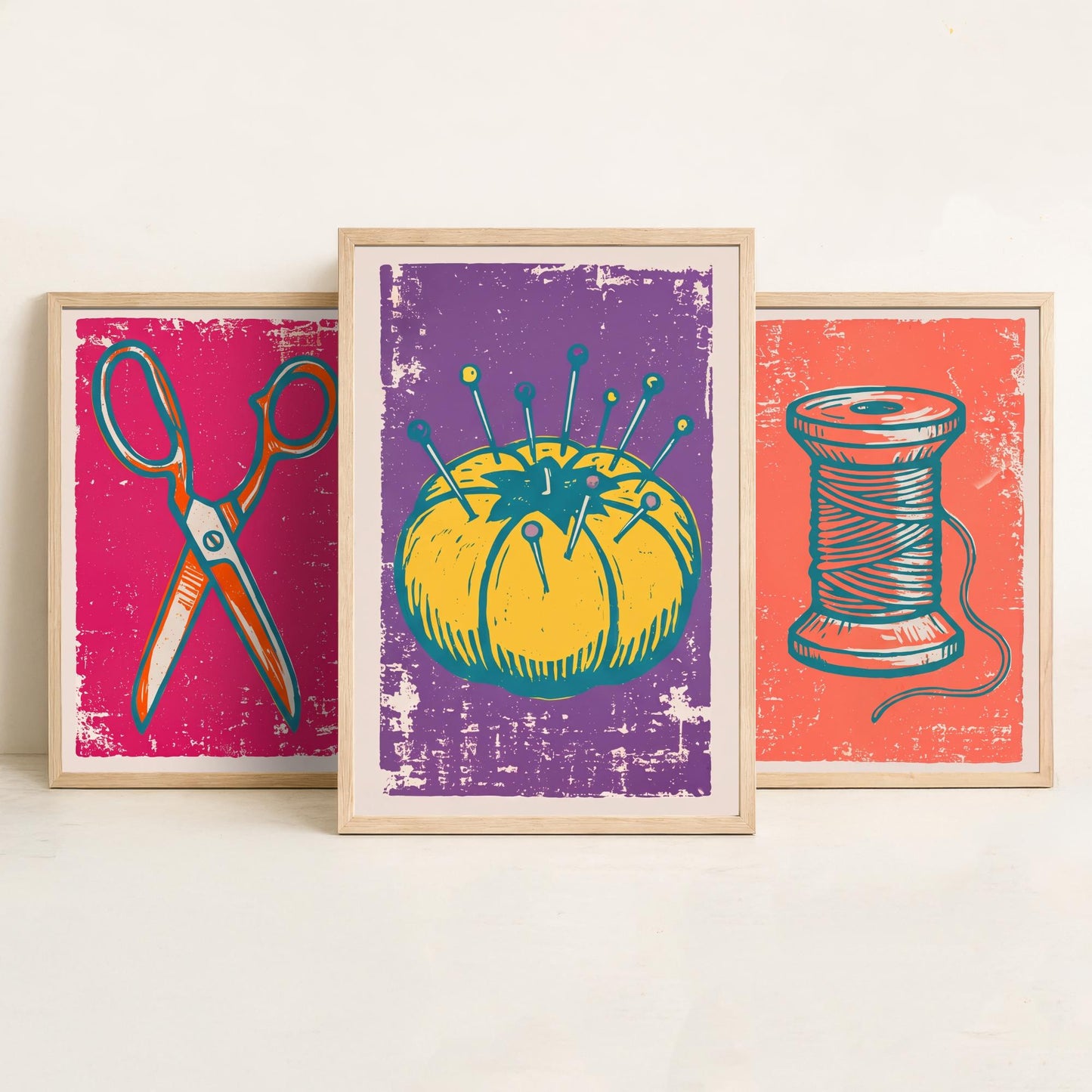 Scissors, Cotton Reel and Pin Cushion - Set of Three Linocut Illustrations - Sewing Art Prints - Craft Room Posters V1