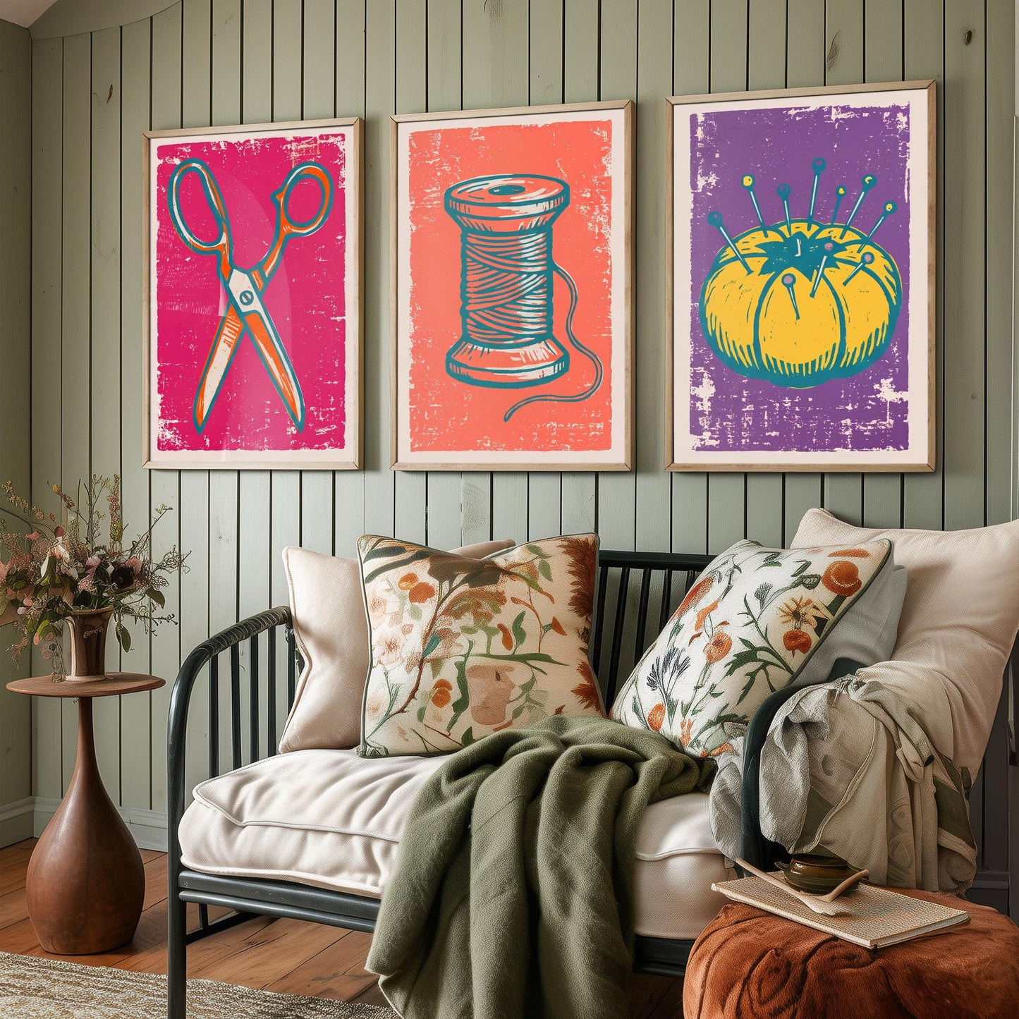 Scissors, Cotton Reel and Pin Cushion - Set of Three Linocut Illustrations - Sewing Art Prints - Craft Room Posters V1