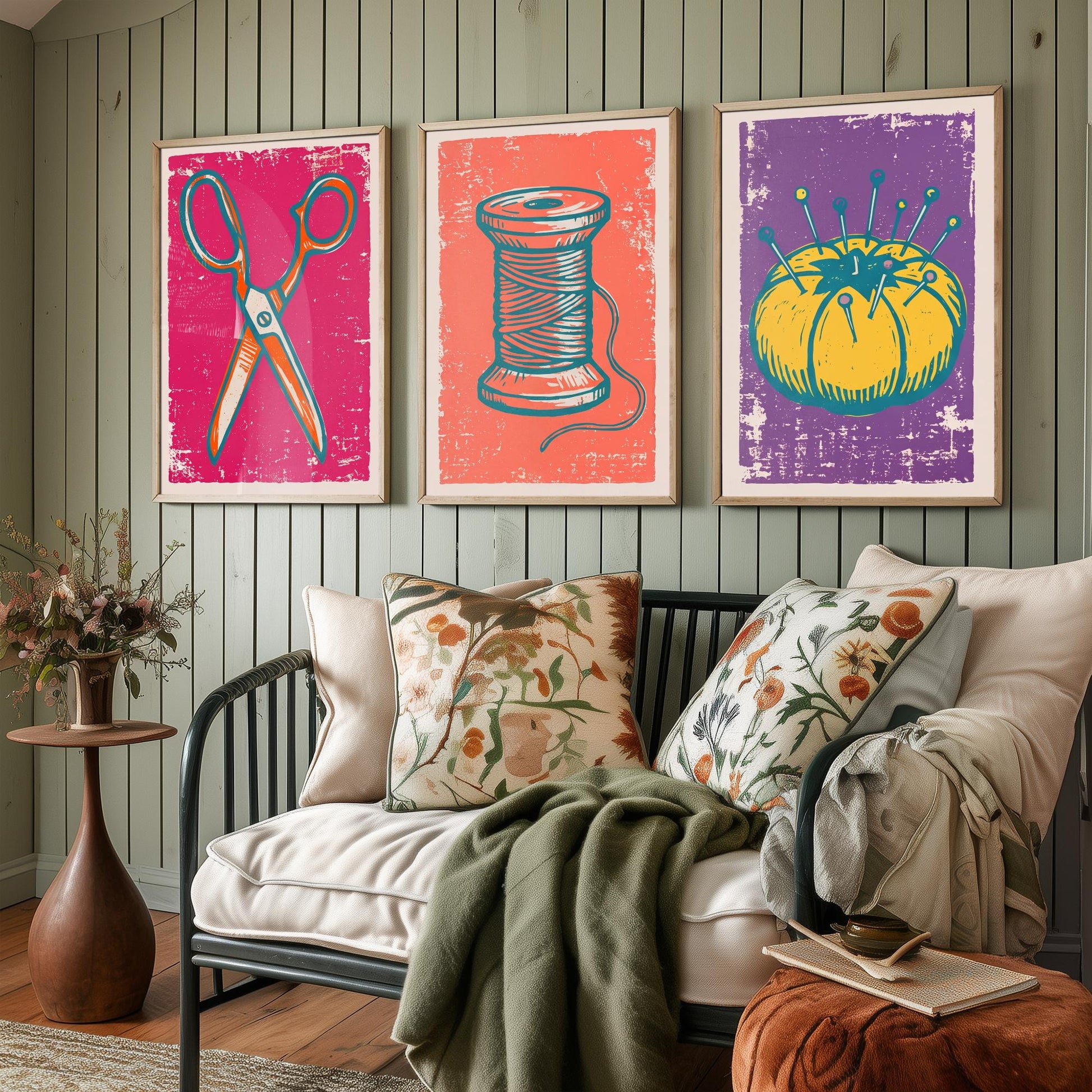 Scissors, Cotton Reel and Pin Cushion - Set of Three Linocut Illustrations - Sewing Art Prints - Craft Room Posters V1