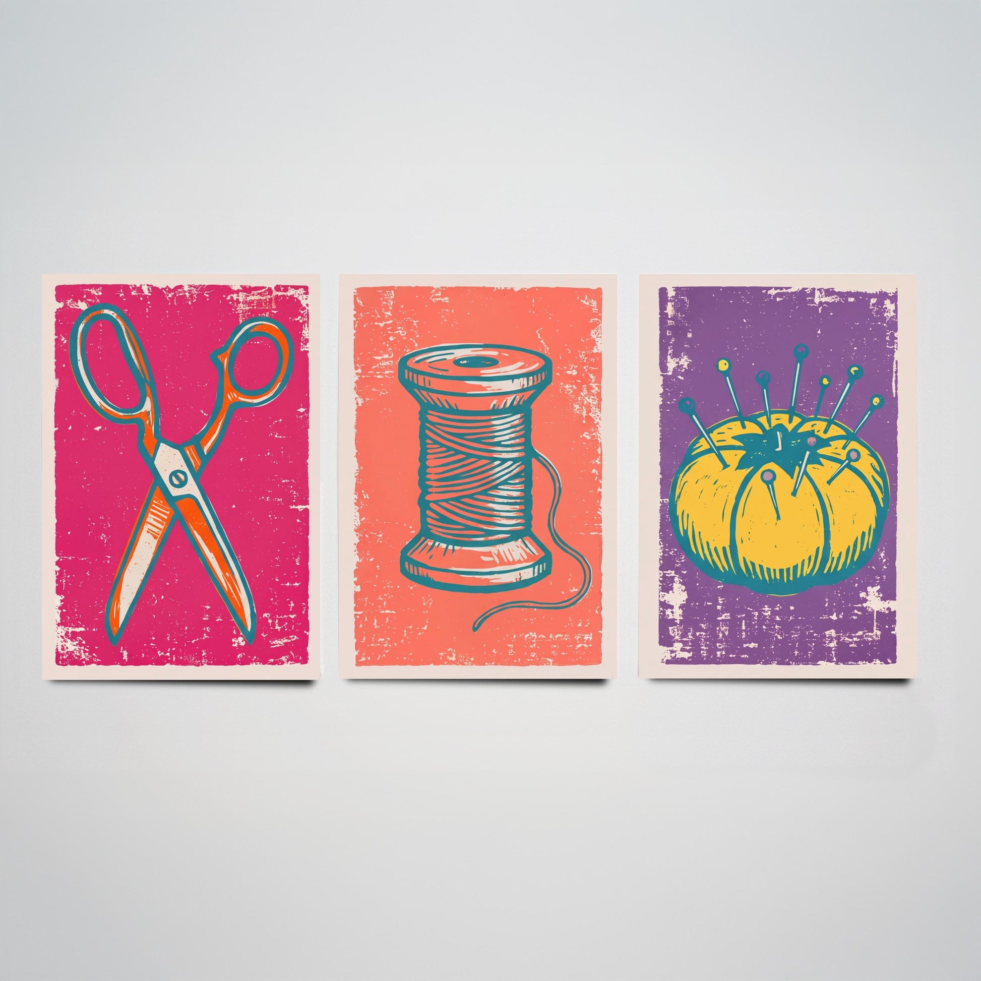 Scissors, Cotton Reel and Pin Cushion - Set of Three Linocut Illustrations - Sewing Art Prints - Craft Room Posters V1