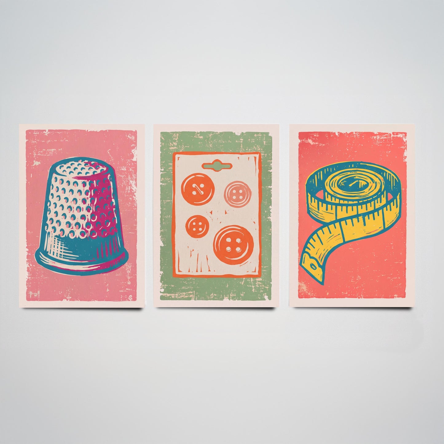 Thimble, Buttons and Tape Measure - Set of Three Linocut Illustrations - Haberdashery Art Prints - Sewing Room Posters V2