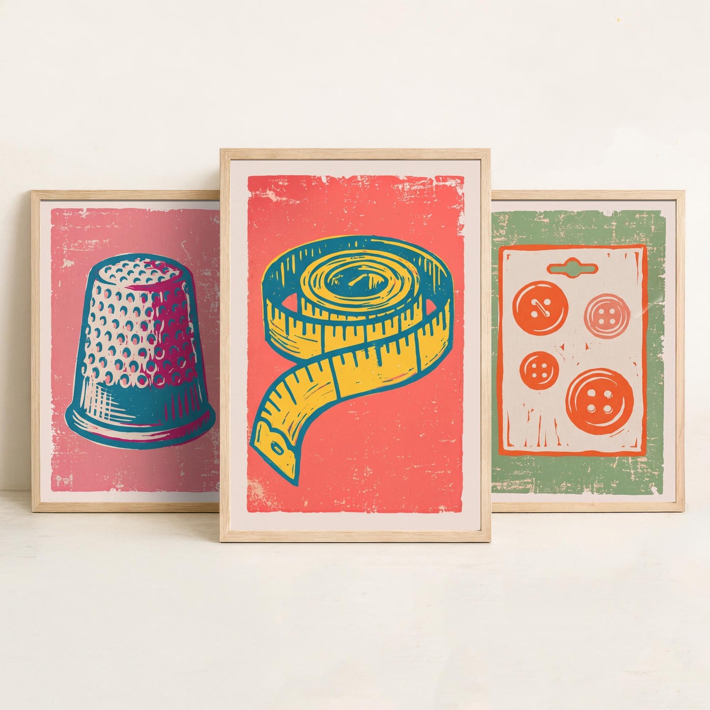 Thimble, Buttons and Tape Measure - Set of Three Linocut Illustrations - Haberdashery Art Prints - Sewing Room Posters V2