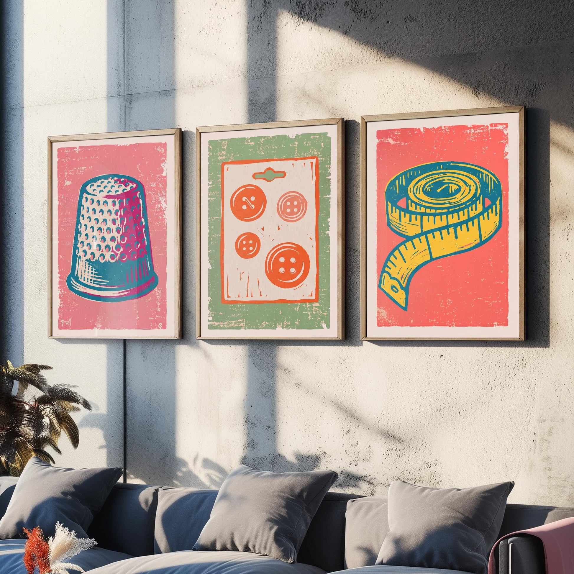 Thimble, Buttons and Tape Measure - Set of Three Linocut Illustrations - Haberdashery Art Prints - Sewing Room Posters V2