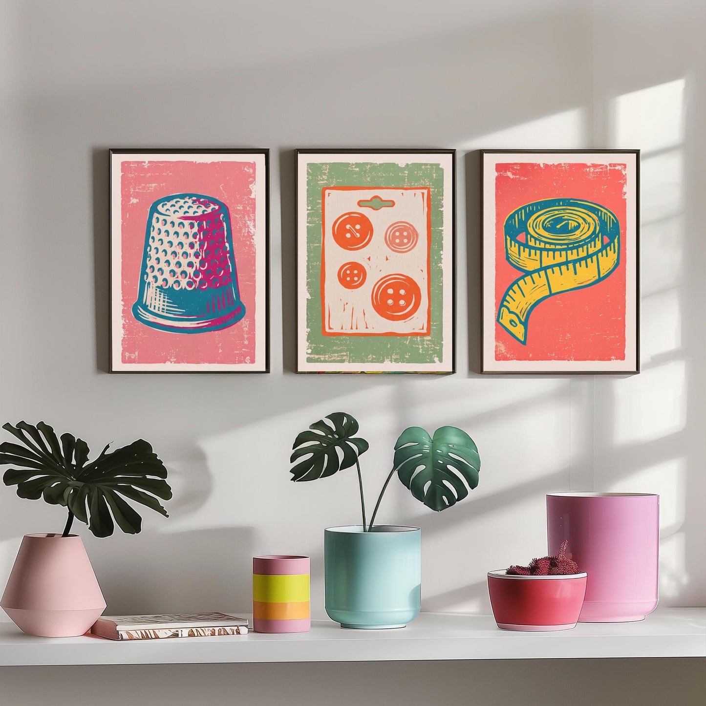 Thimble, Buttons and Tape Measure - Set of Three Linocut Illustrations - Haberdashery Art Prints - Sewing Room Posters V2