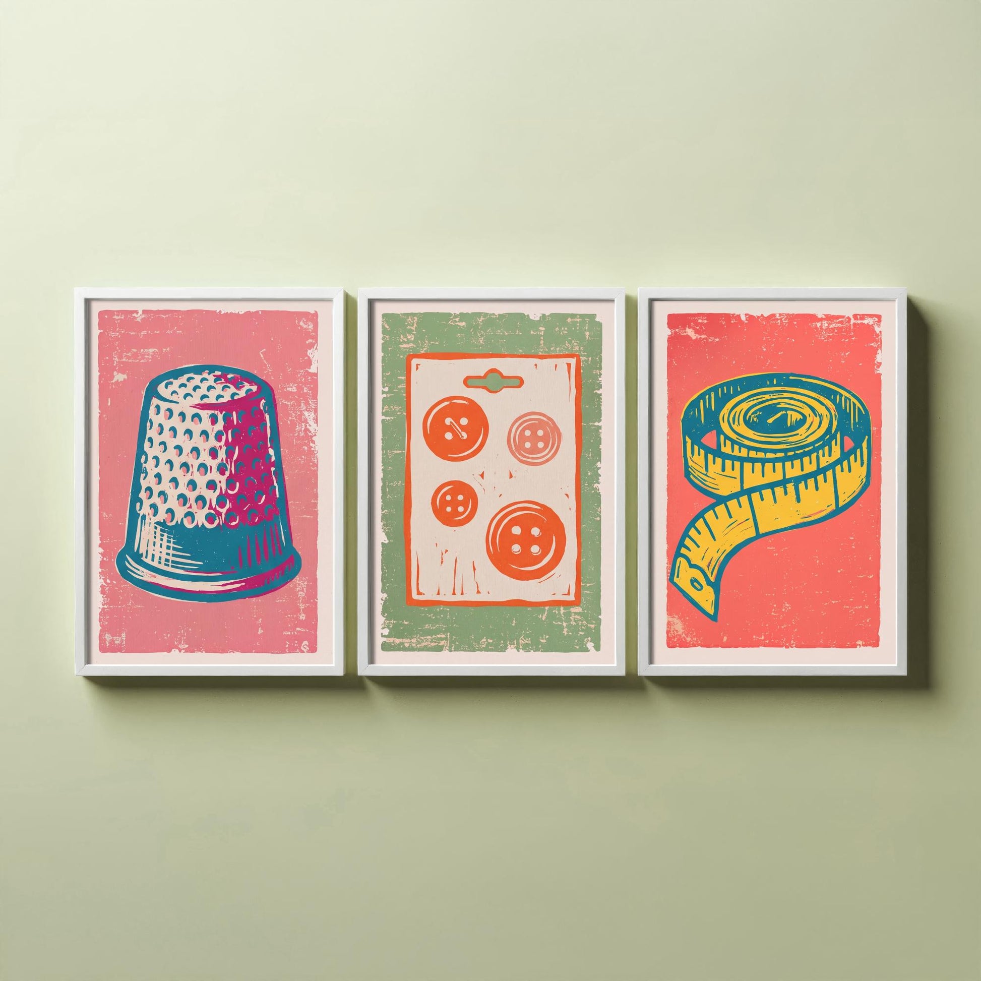 Thimble, Buttons and Tape Measure - Set of Three Linocut Illustrations - Haberdashery Art Prints - Sewing Room Posters V2