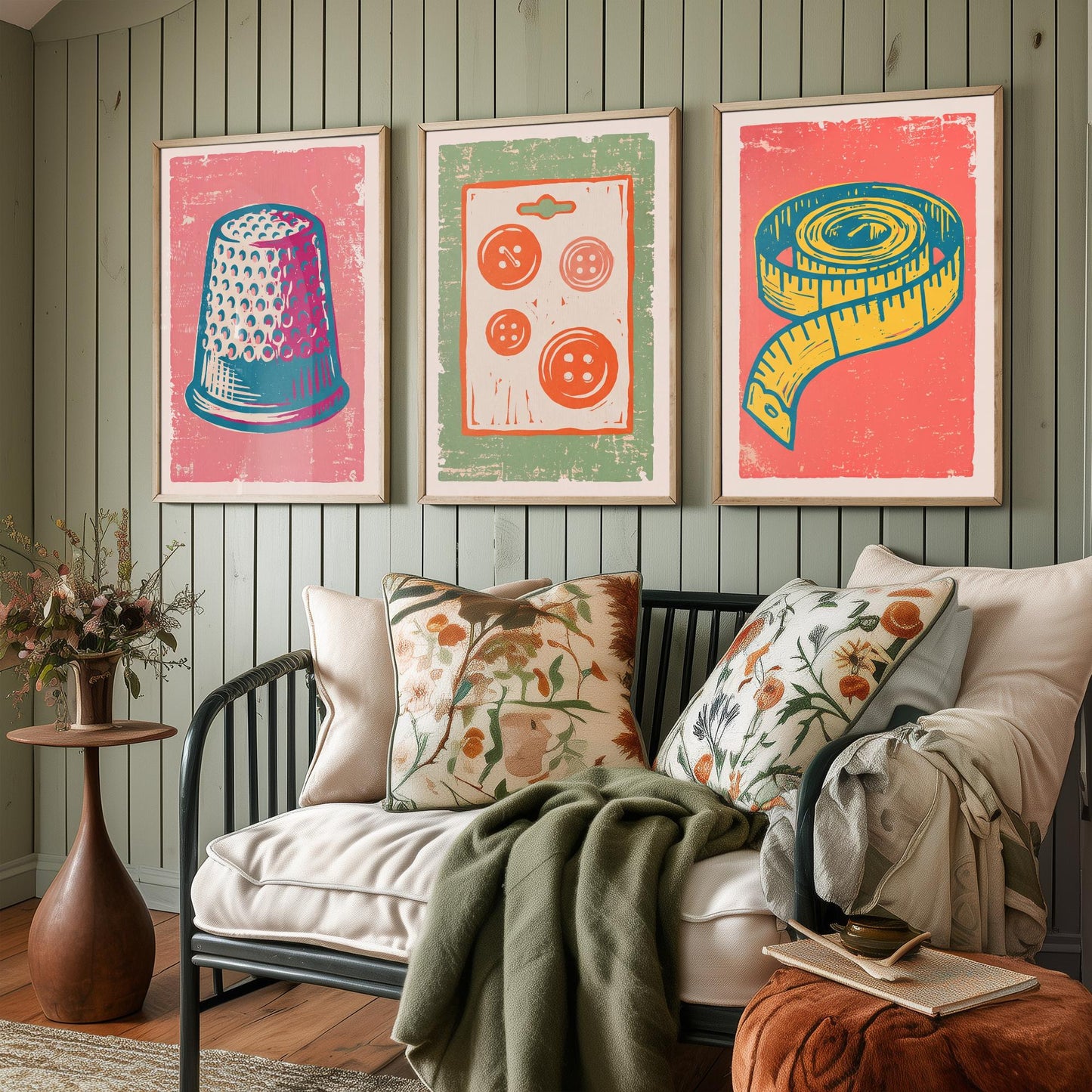 Thimble, Buttons and Tape Measure - Set of Three Linocut Illustrations - Haberdashery Art Prints - Sewing Room Posters V2