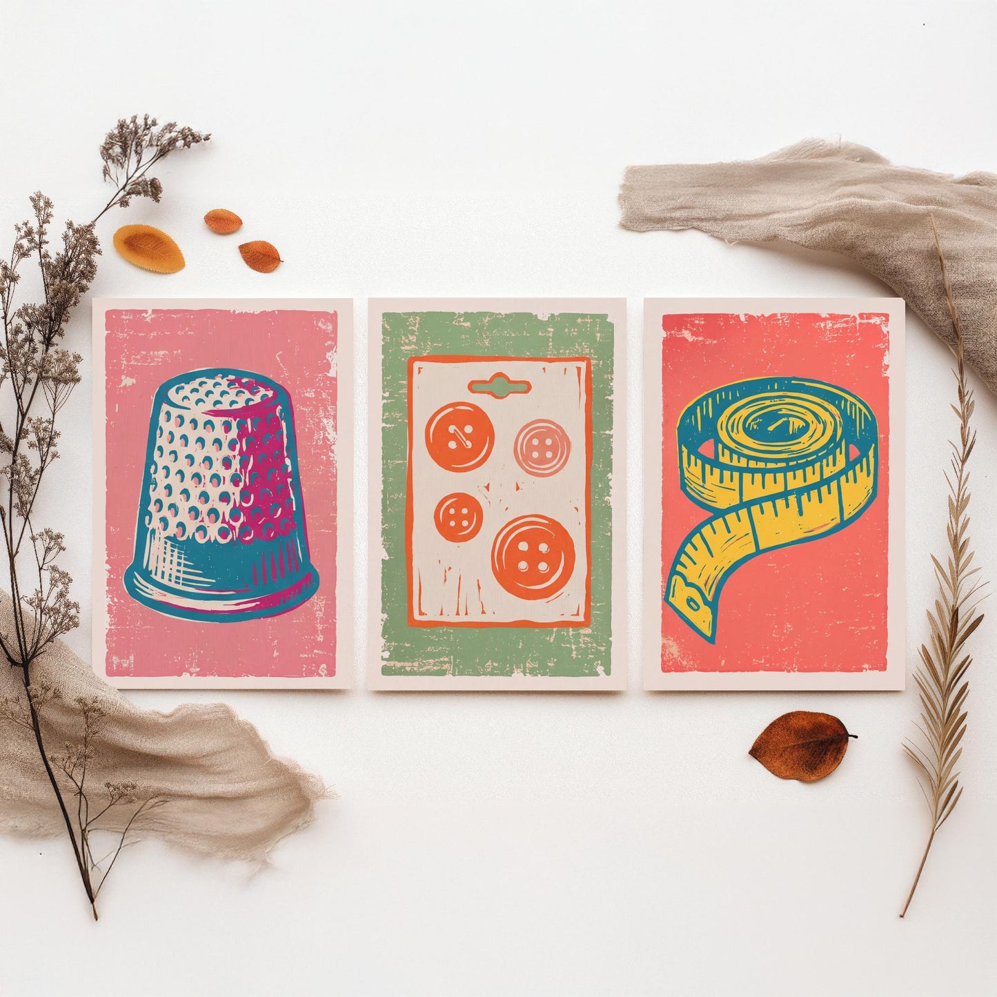 Thimble, Buttons and Tape Measure - Set of Three Linocut Illustrations - Haberdashery Art Prints - Sewing Room Posters V2