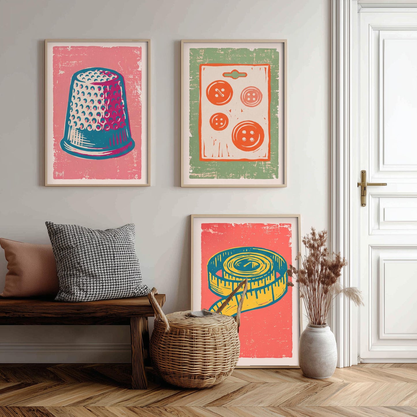 Thimble, Buttons and Tape Measure - Set of Three Linocut Illustrations - Haberdashery Art Prints - Sewing Room Posters V2