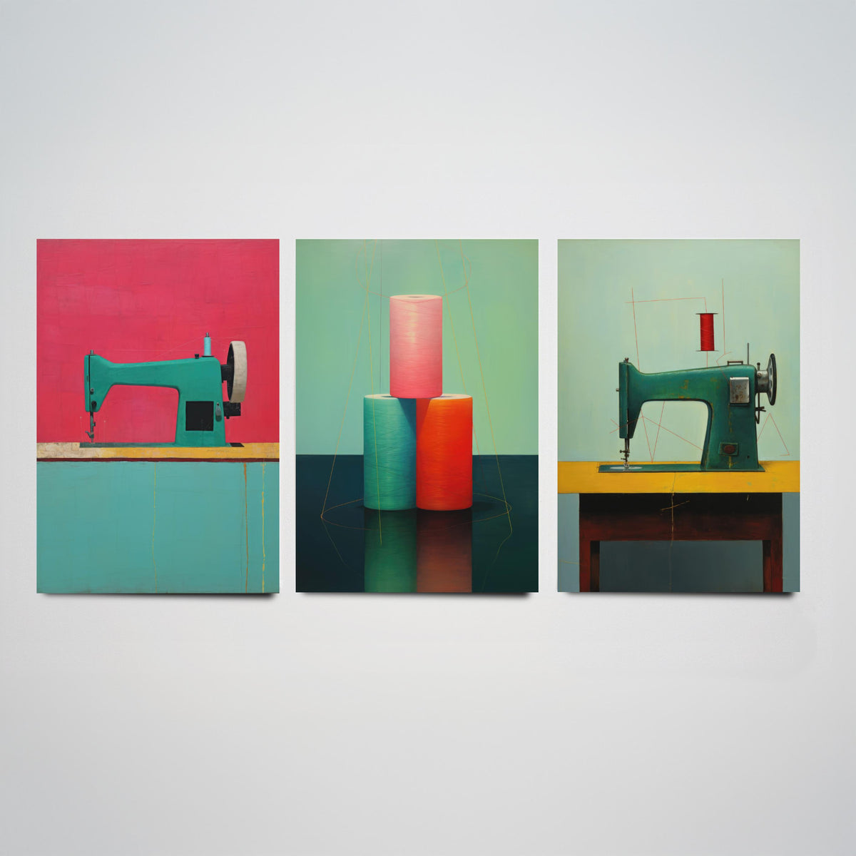 Vintage Sewing Machine Set of Three Art Prints - Teal Machines and Cotton Reels - Minimalist Illustration Poster