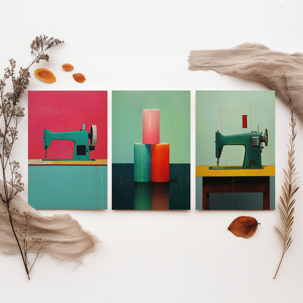Vintage Sewing Machine Set of Three Art Prints - Teal Machines and Cotton Reels - Minimalist Illustration Poster