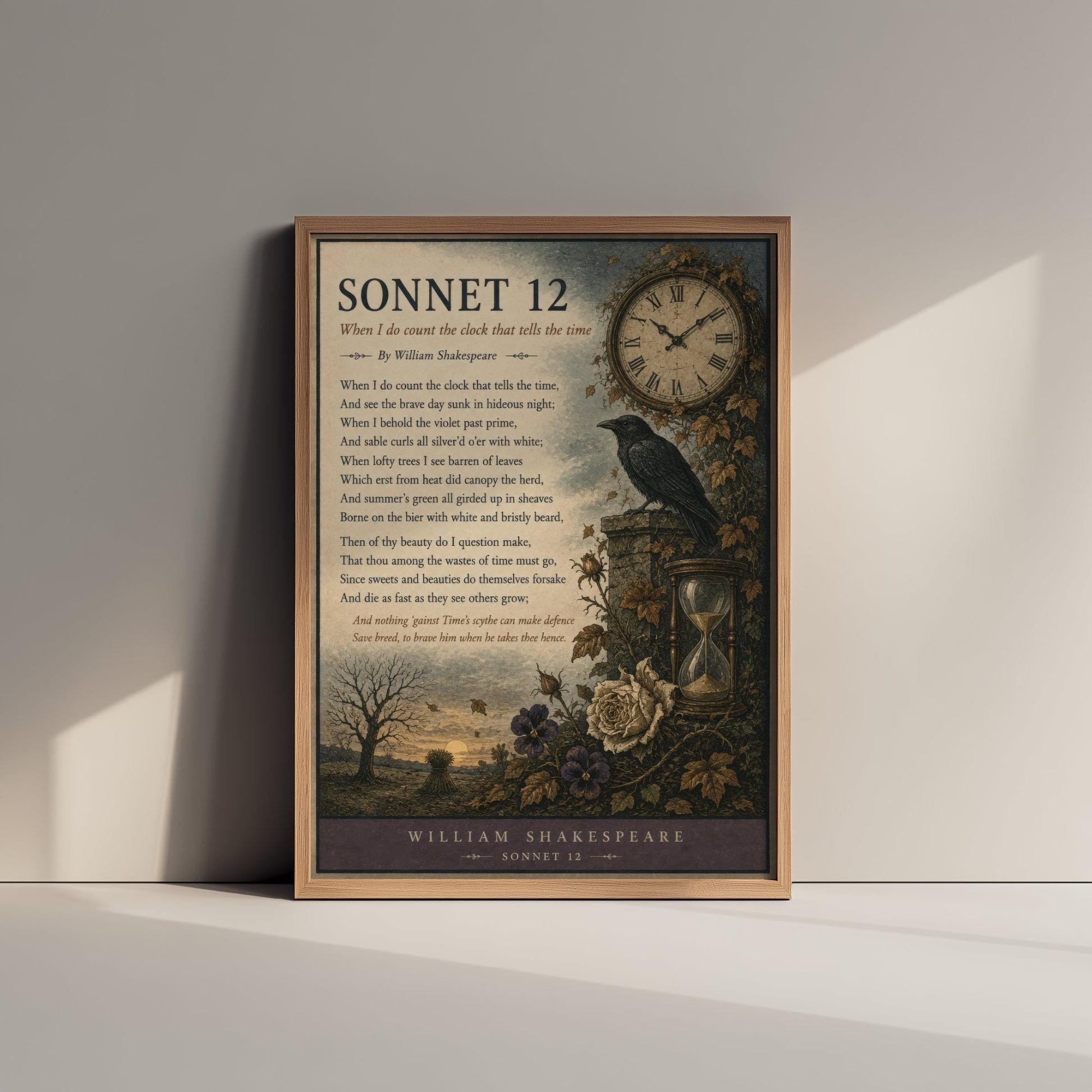 Shakespeare Sonnet 12 Art Print - When I Do Count the Clock - Poem Poster Illustration - Literary Wall Art 1/3