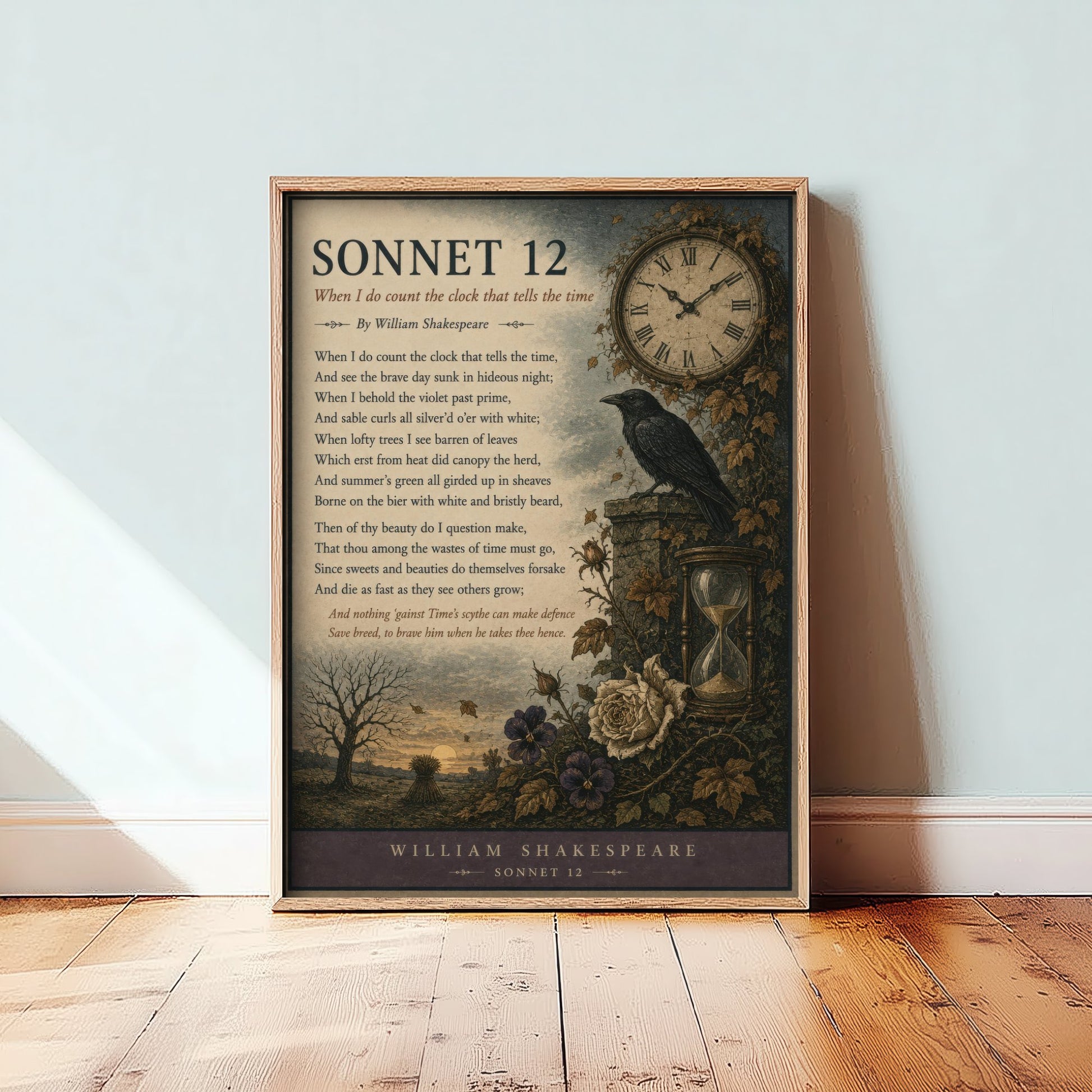Shakespeare Sonnet 12 Art Print - When I Do Count the Clock - Poem Poster Illustration - Literary Wall Art 1/3
