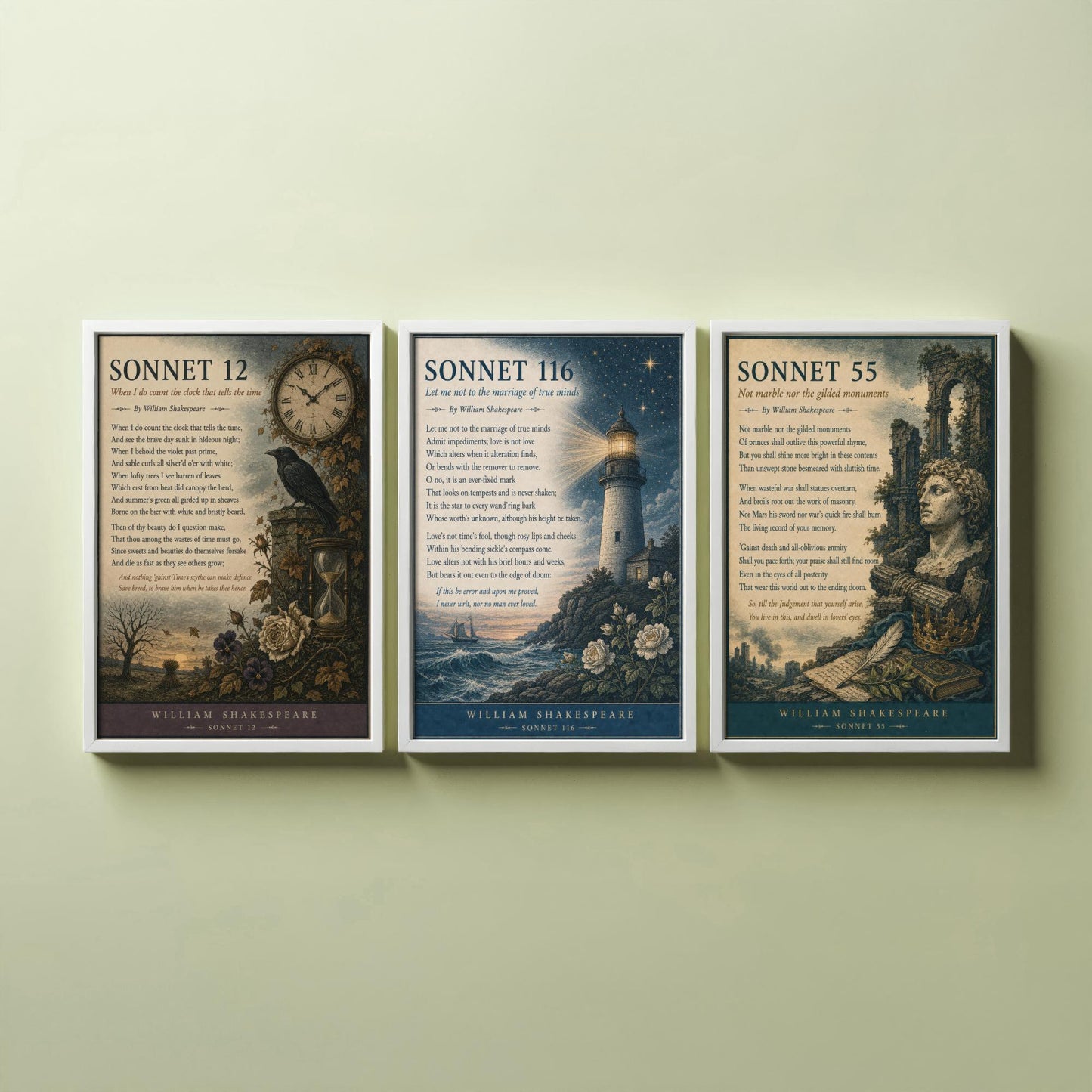 Set of Three Shakespeare Sonnet Prints - Sonnet 12, 116 & 55 - Vintage Literary Art Print Poster Wall Gift Illustration Poem