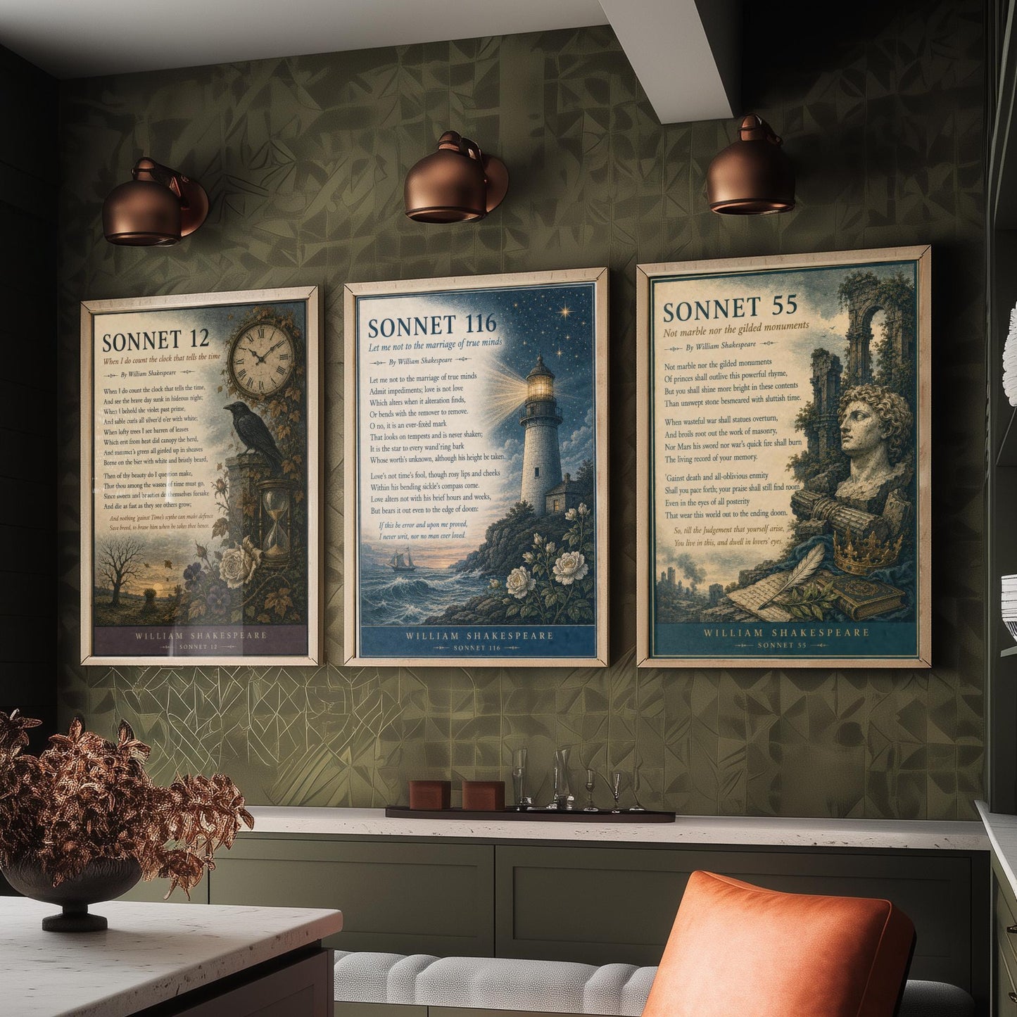 Set of Three Shakespeare Sonnet Prints - Sonnet 12, 116 & 55 - Vintage Literary Art Print Poster Wall Gift Illustration Poem