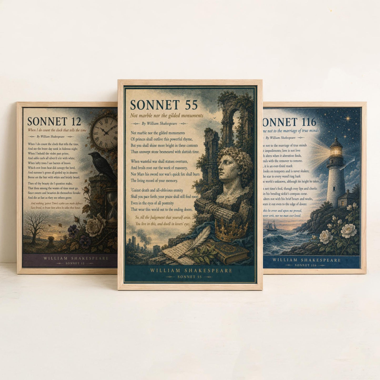 Set of Three Shakespeare Sonnet Prints - Sonnet 12, 116 & 55 - Vintage Literary Art Print Poster Wall Gift Illustration Poem