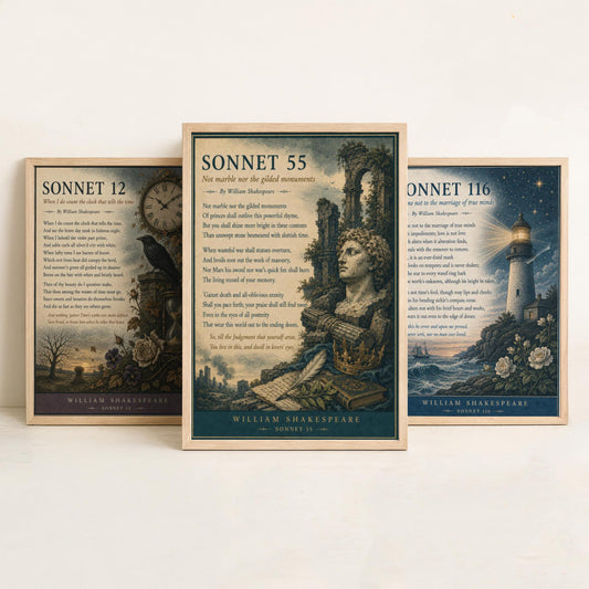 Set of Three Shakespeare Sonnet Prints - Sonnet 12, 116 & 55 - Vintage Literary Art Print Poster Wall Gift Illustration Poem