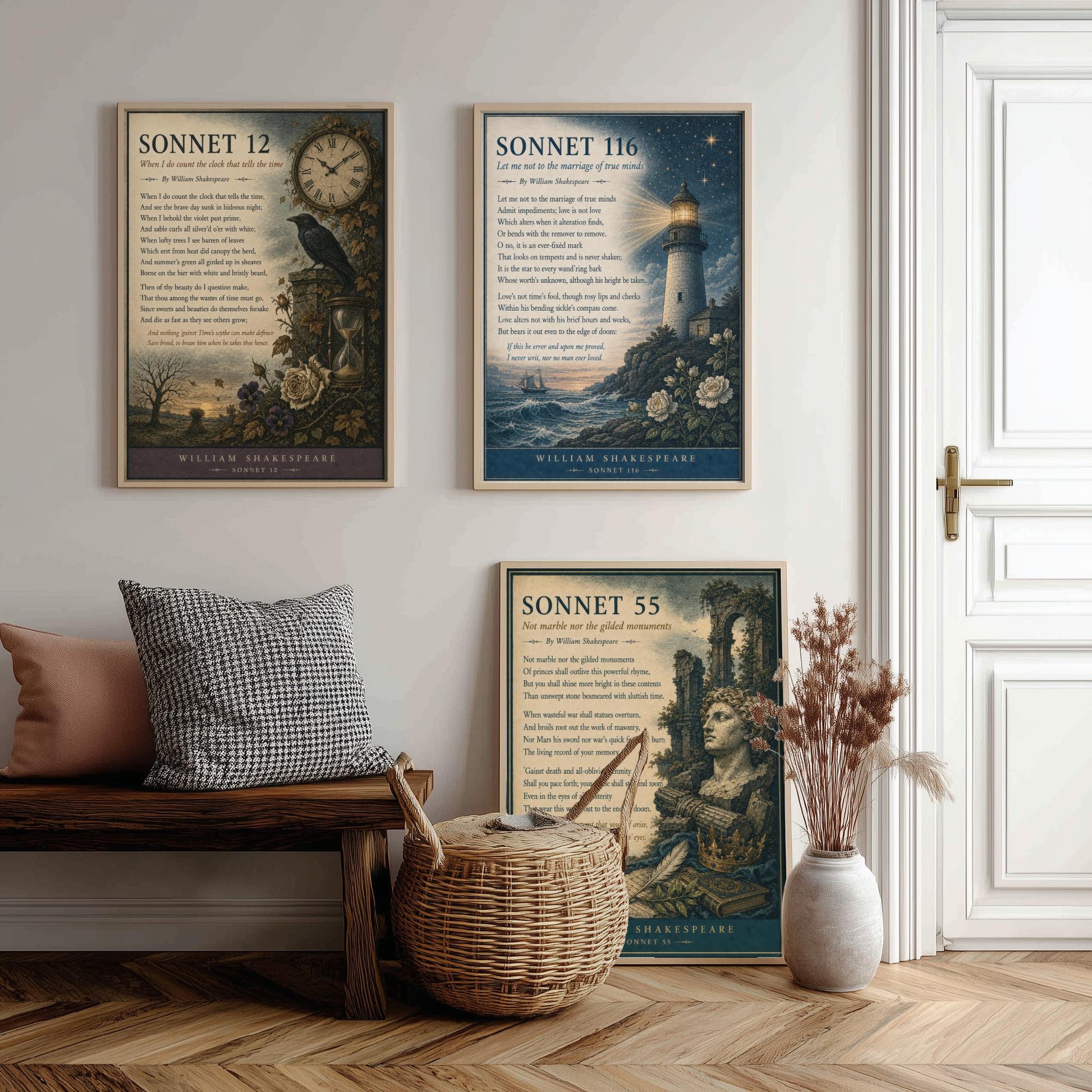 Set of Three Shakespeare Sonnet Prints - Sonnet 12, 116 & 55 - Vintage Literary Art Print Poster Wall Gift Illustration Poem