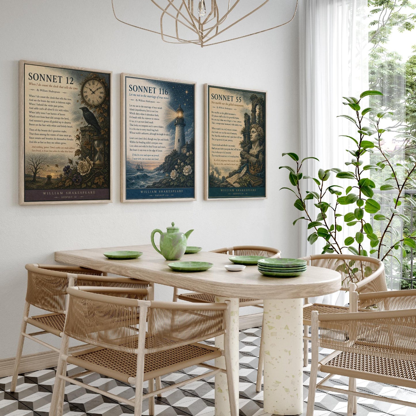 Set of Three Shakespeare Sonnet Prints - Sonnet 12, 116 & 55 - Vintage Literary Art Print Poster Wall Gift Illustration Poem