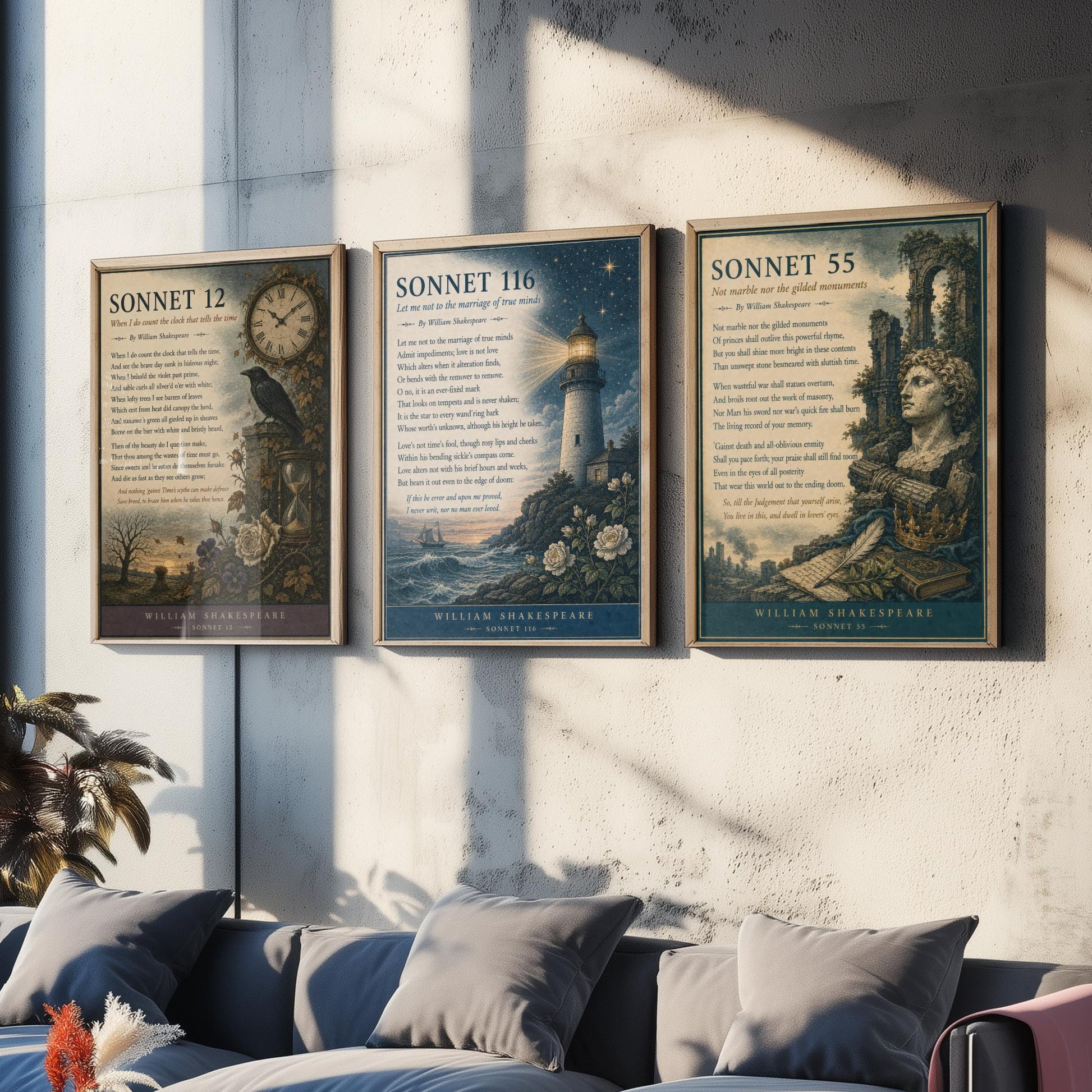 Set of Three Shakespeare Sonnet Prints - Sonnet 12, 116 & 55 - Vintage Literary Art Print Poster Wall Gift Illustration Poem