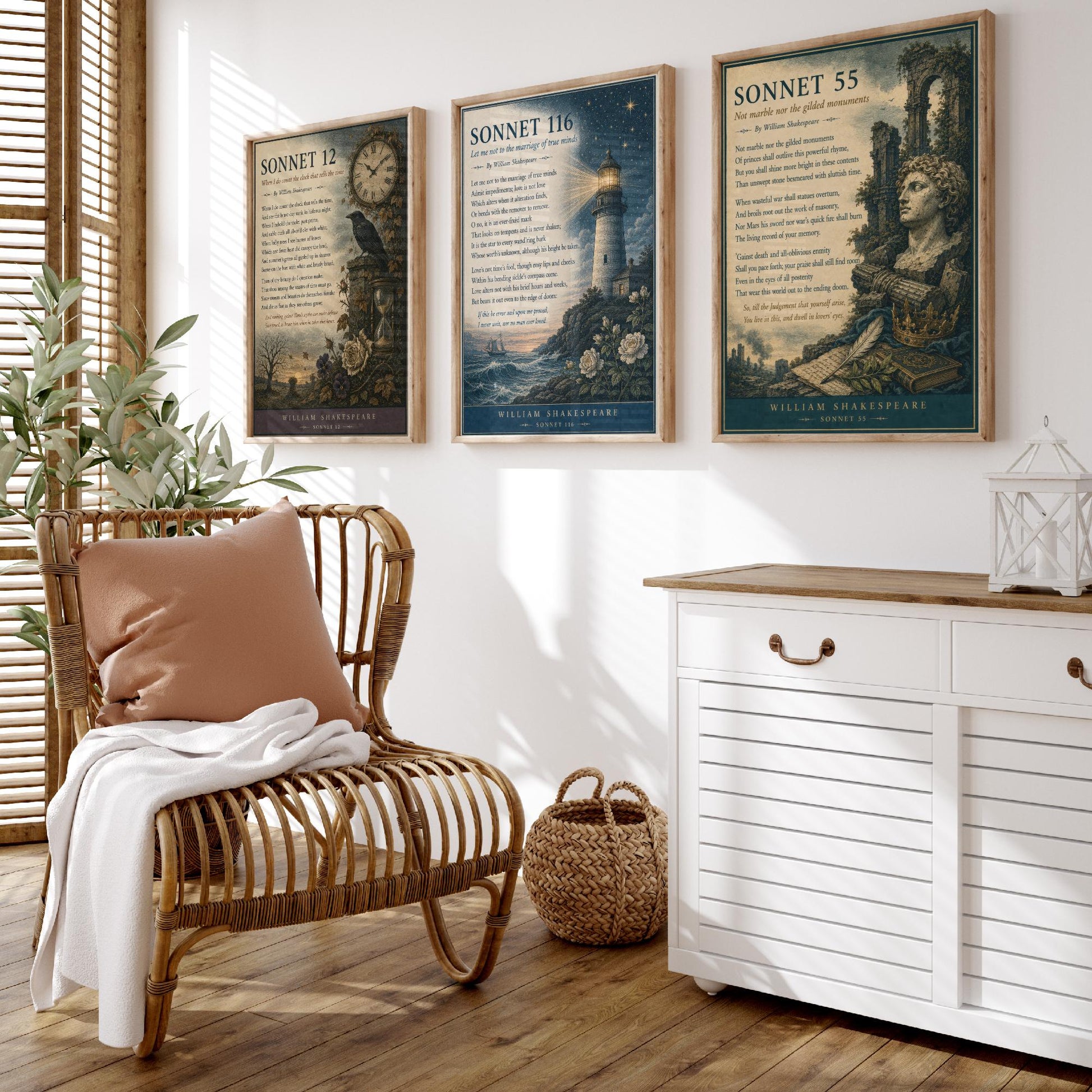 Set of Three Shakespeare Sonnet Prints - Sonnet 12, 116 & 55 - Vintage Literary Art Print Poster Wall Gift Illustration Poem