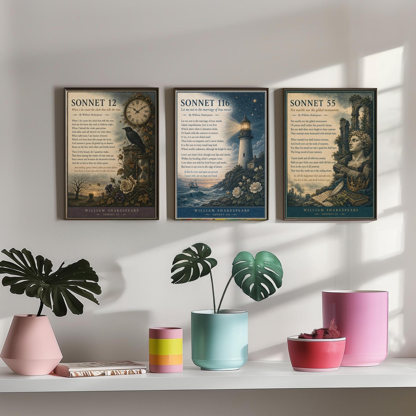 Set of Three Shakespeare Sonnet Prints - Sonnet 12, 116 & 55 - Vintage Literary Art Print Poster Wall Gift Illustration Poem
