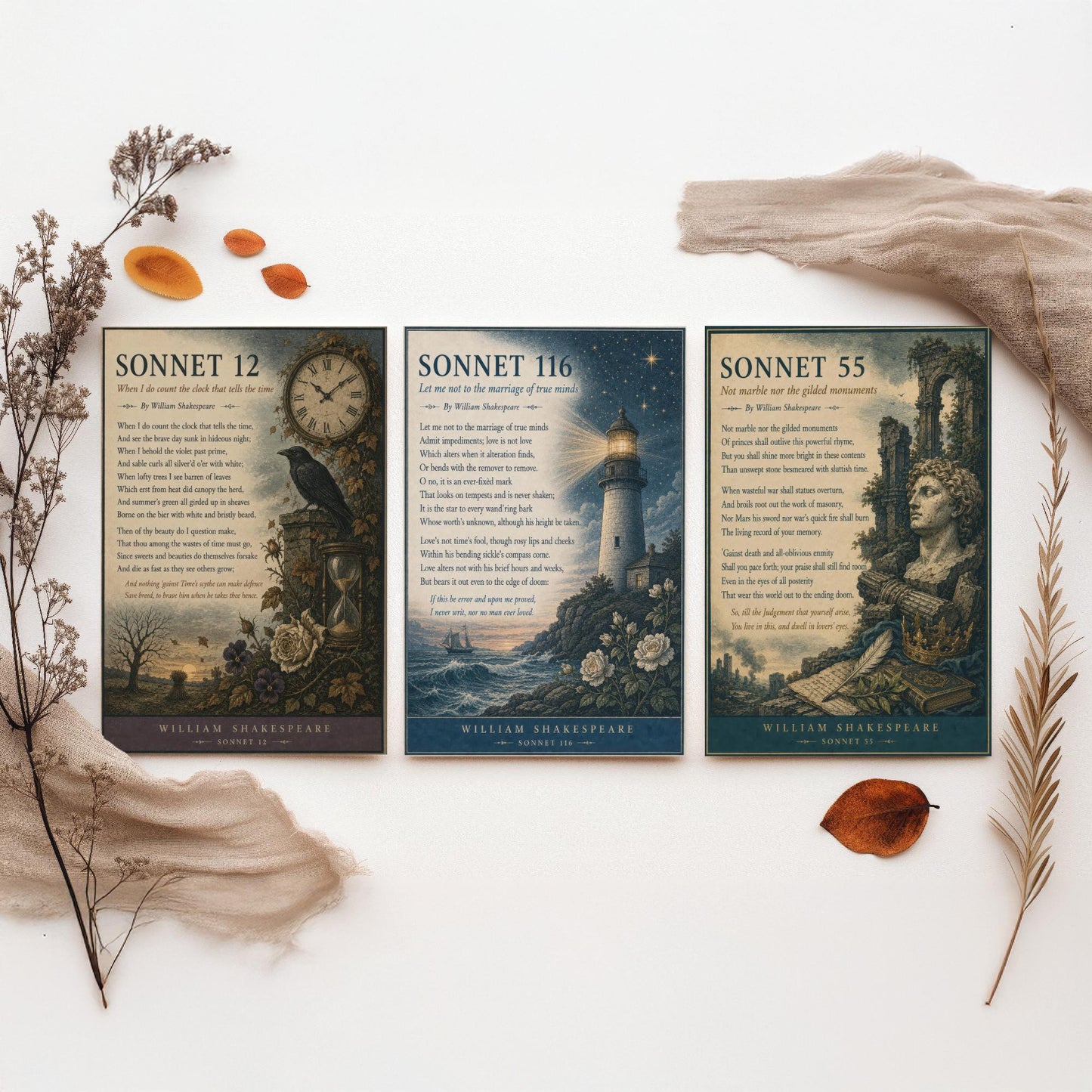 Set of Three Shakespeare Sonnet Prints - Sonnet 12, 116 & 55 - Vintage Literary Art Print Poster Wall Gift Illustration Poem