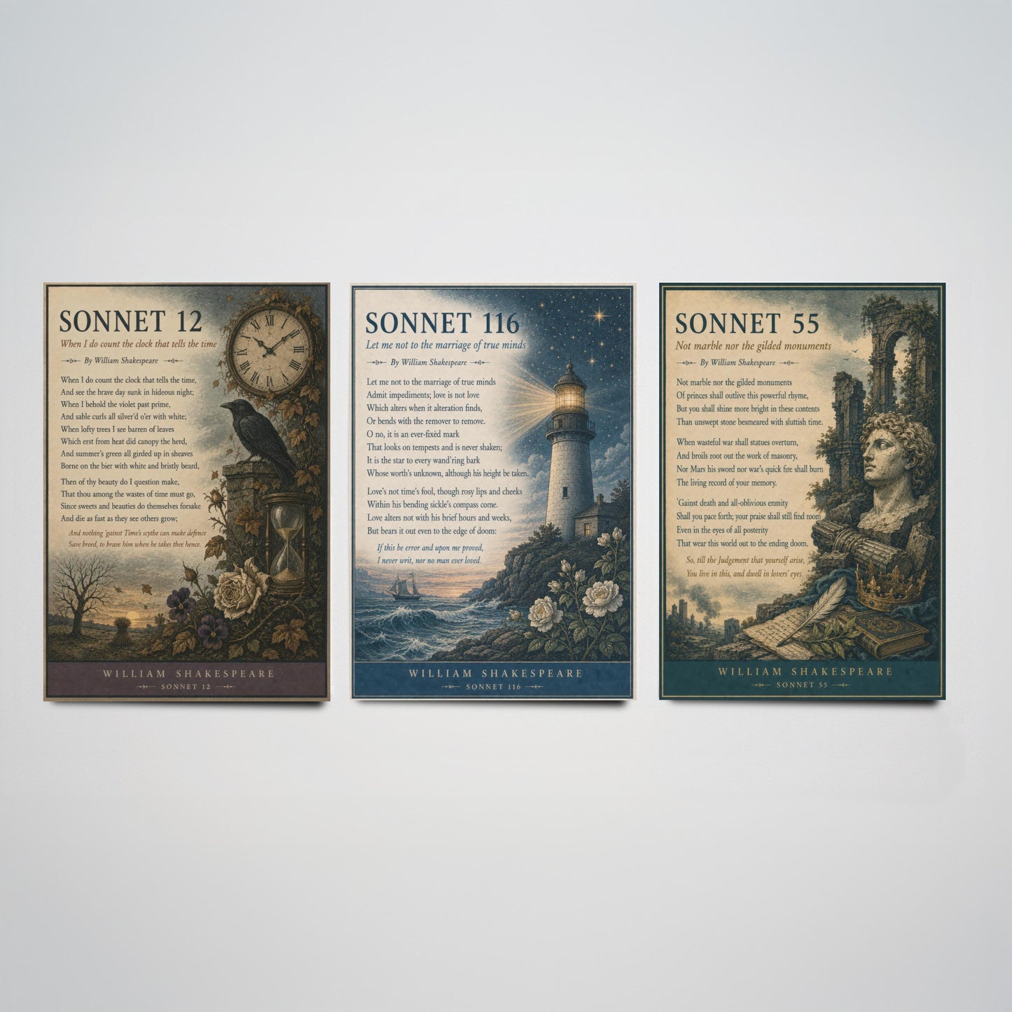 Set of Three Shakespeare Sonnet Prints - Sonnet 12, 116 & 55 - Vintage Literary Art Print Poster Wall Gift Illustration Poem